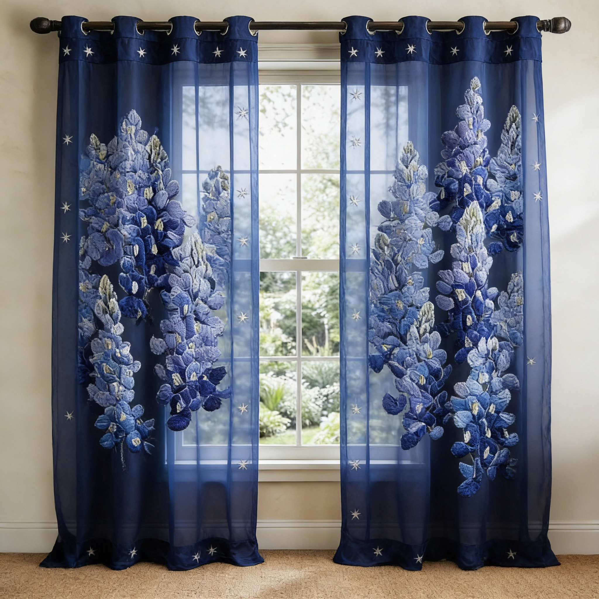 Bluebonnet Starry Night Embroidered Sheer Curtains