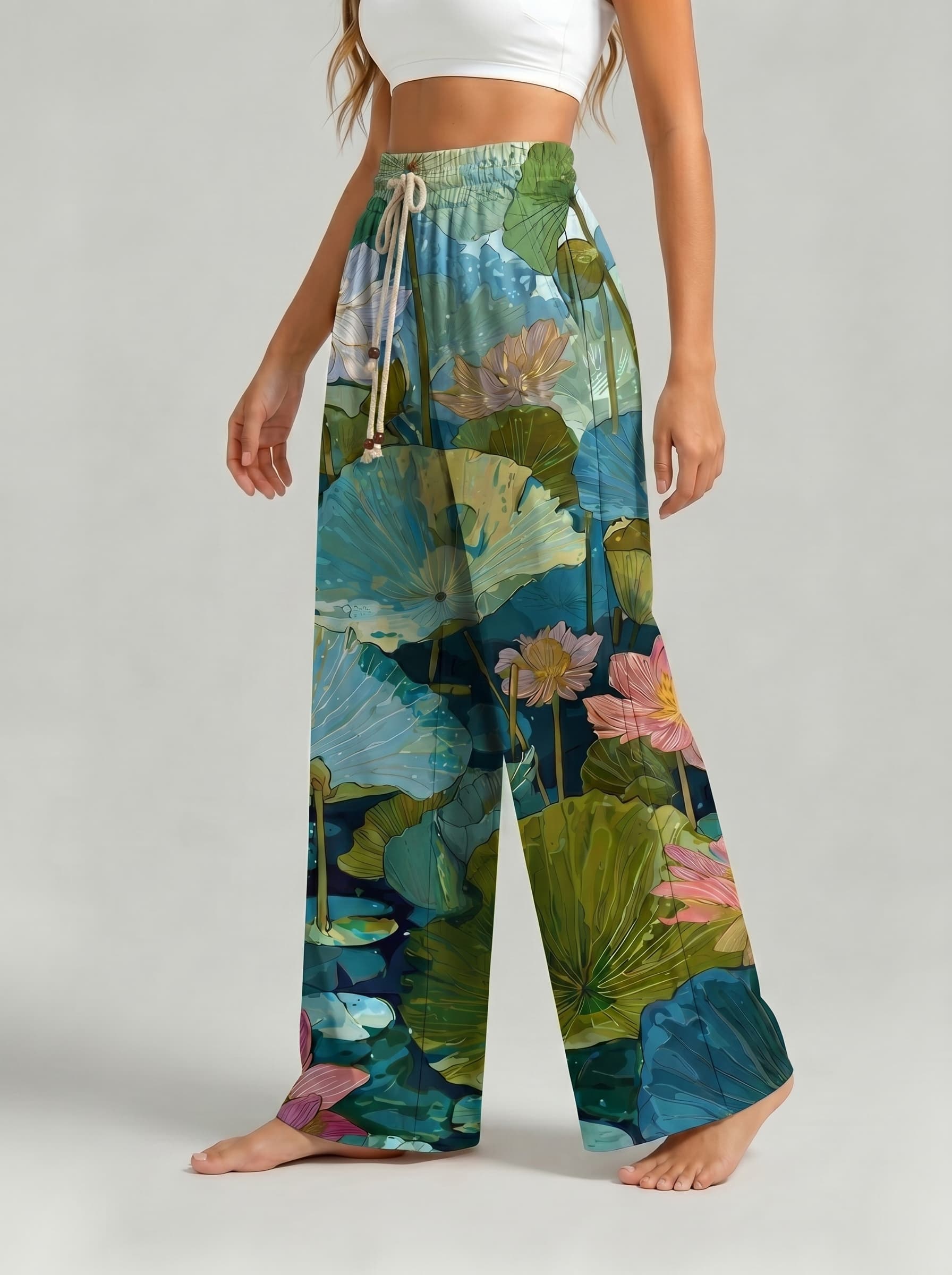 Watercolor Lotus Pond Print Drawstring Wide Leg Trousers