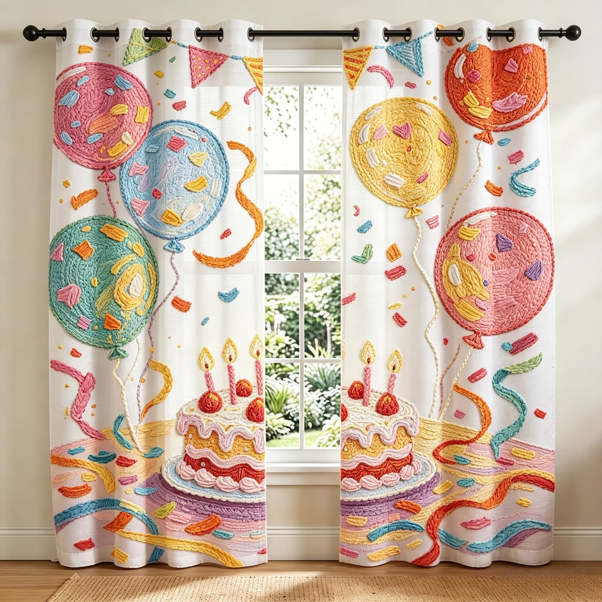 Cake & Balloon Celebration Embroidered Sheer Curtains