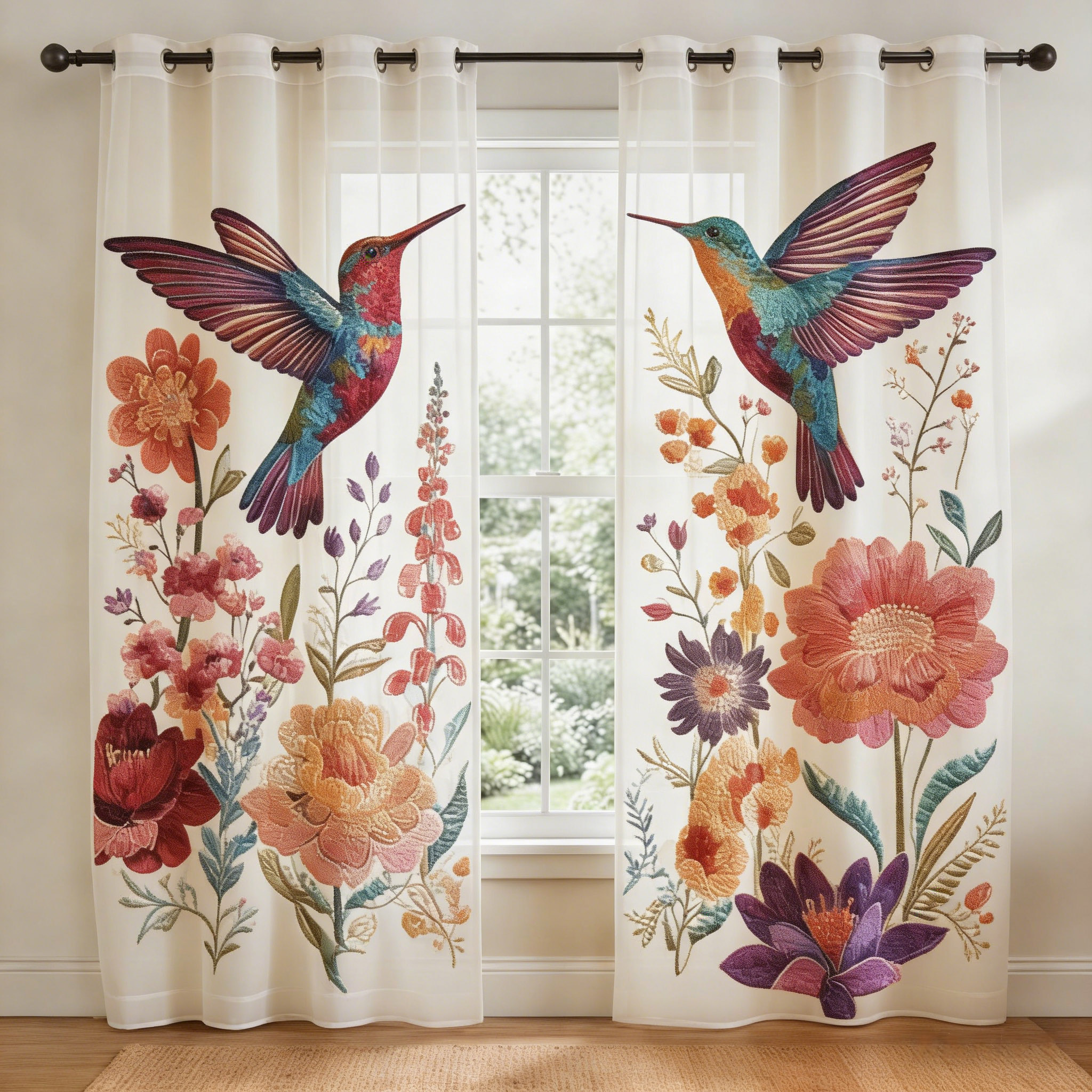 Vibrant Hummingbird Garden Embroidered Sheer Curtains