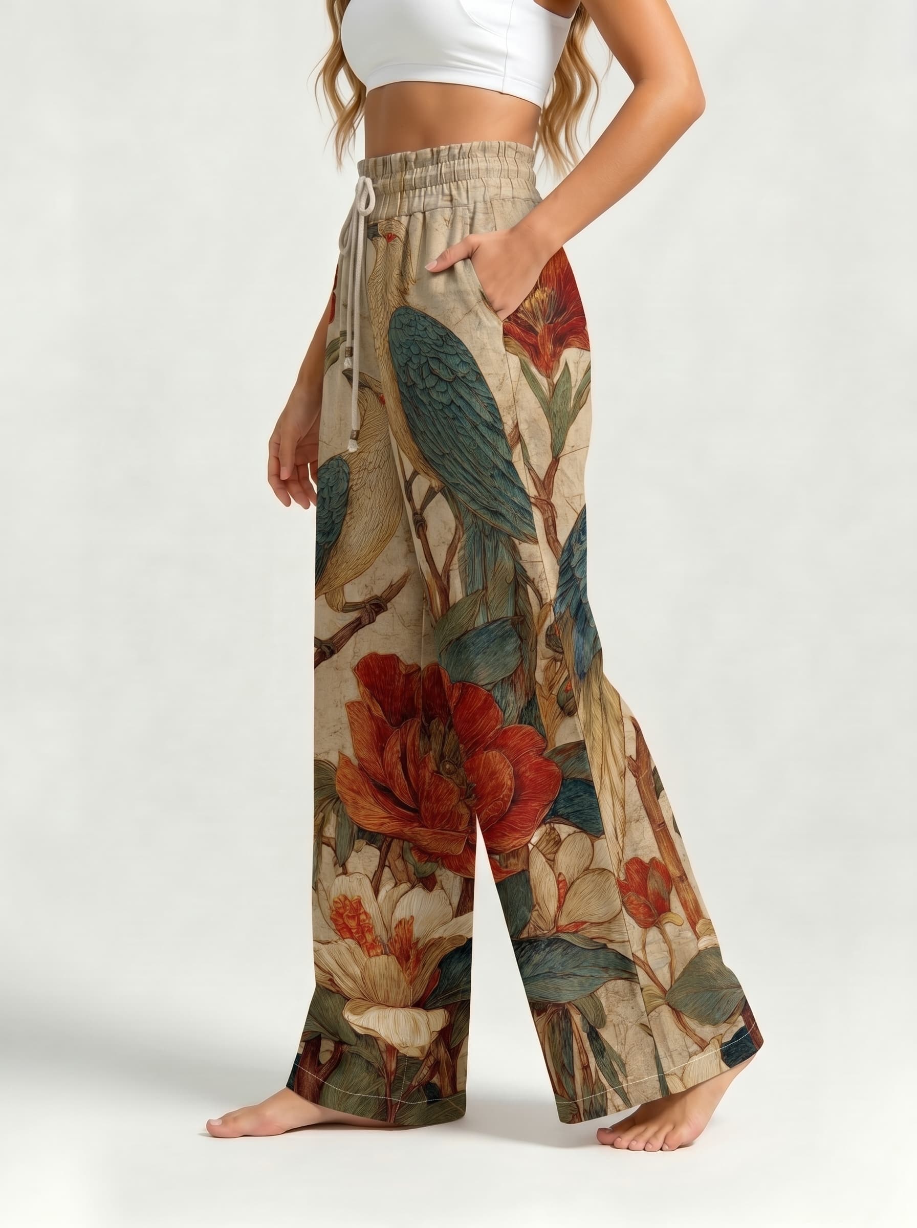 Antique Pheasant Peony Illustration Drawstring Wide Leg Trousers