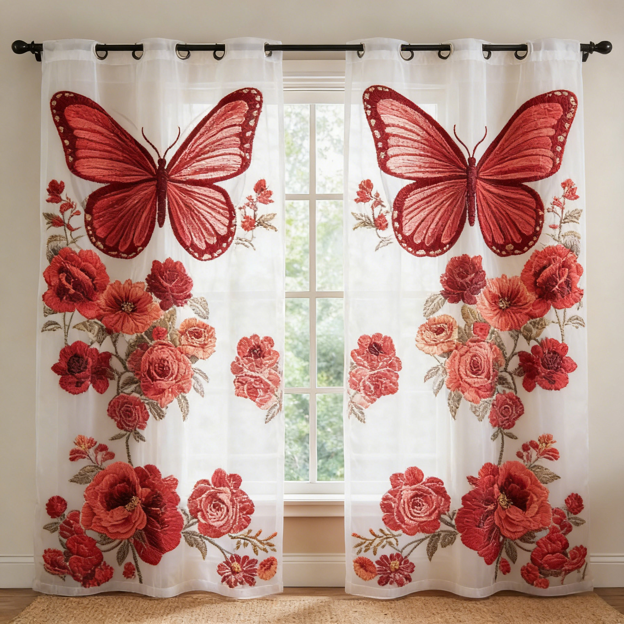 Vintage Red Butterfly Floral Embroidered Sheer Curtains