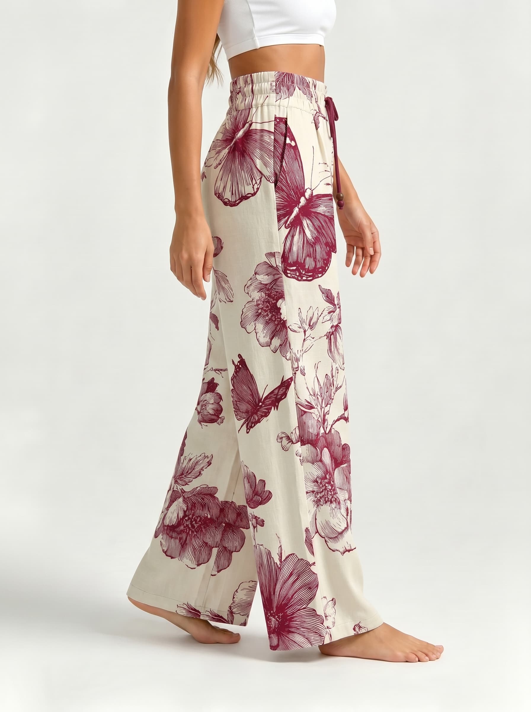 Burgundy Butterfly Floral Sketch Print Drawstring Wide Leg Trousers