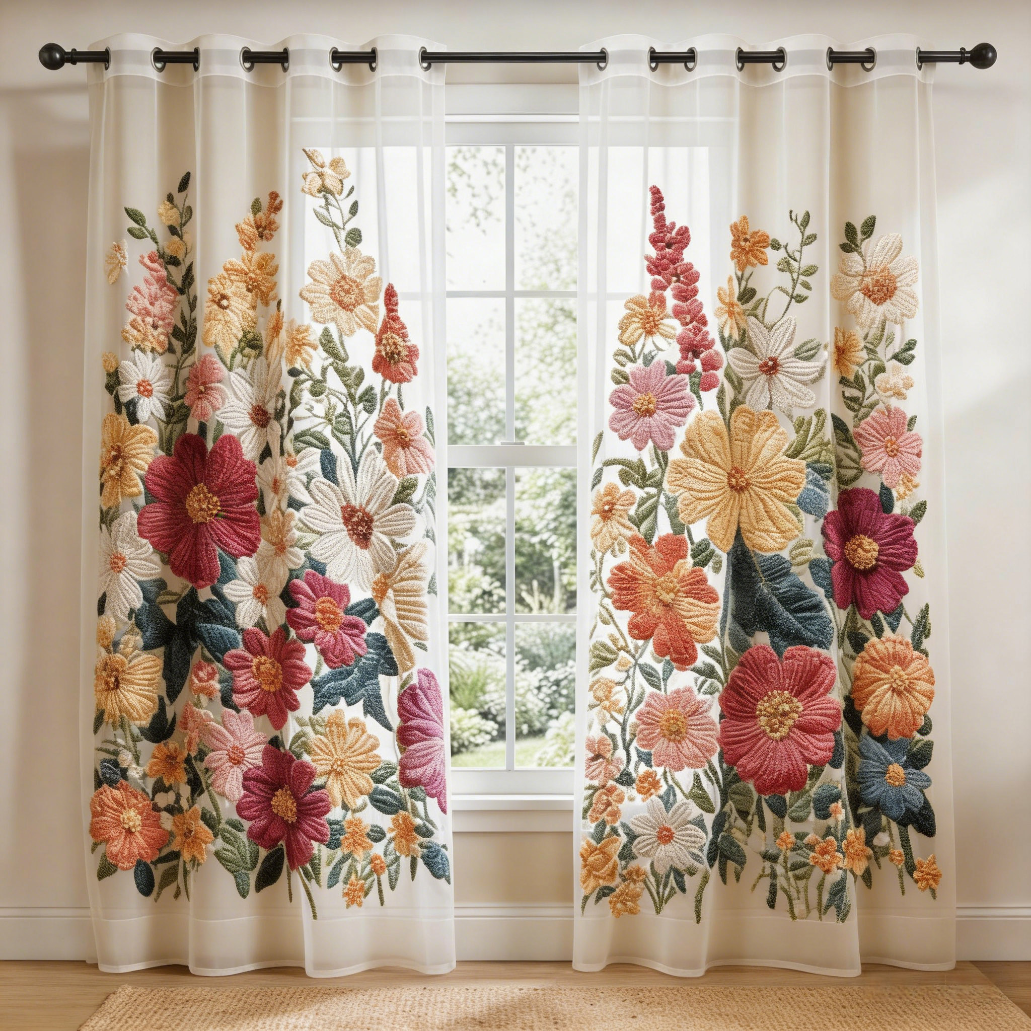 Mixed Wildflower Garden Embroidered Sheer Curtains