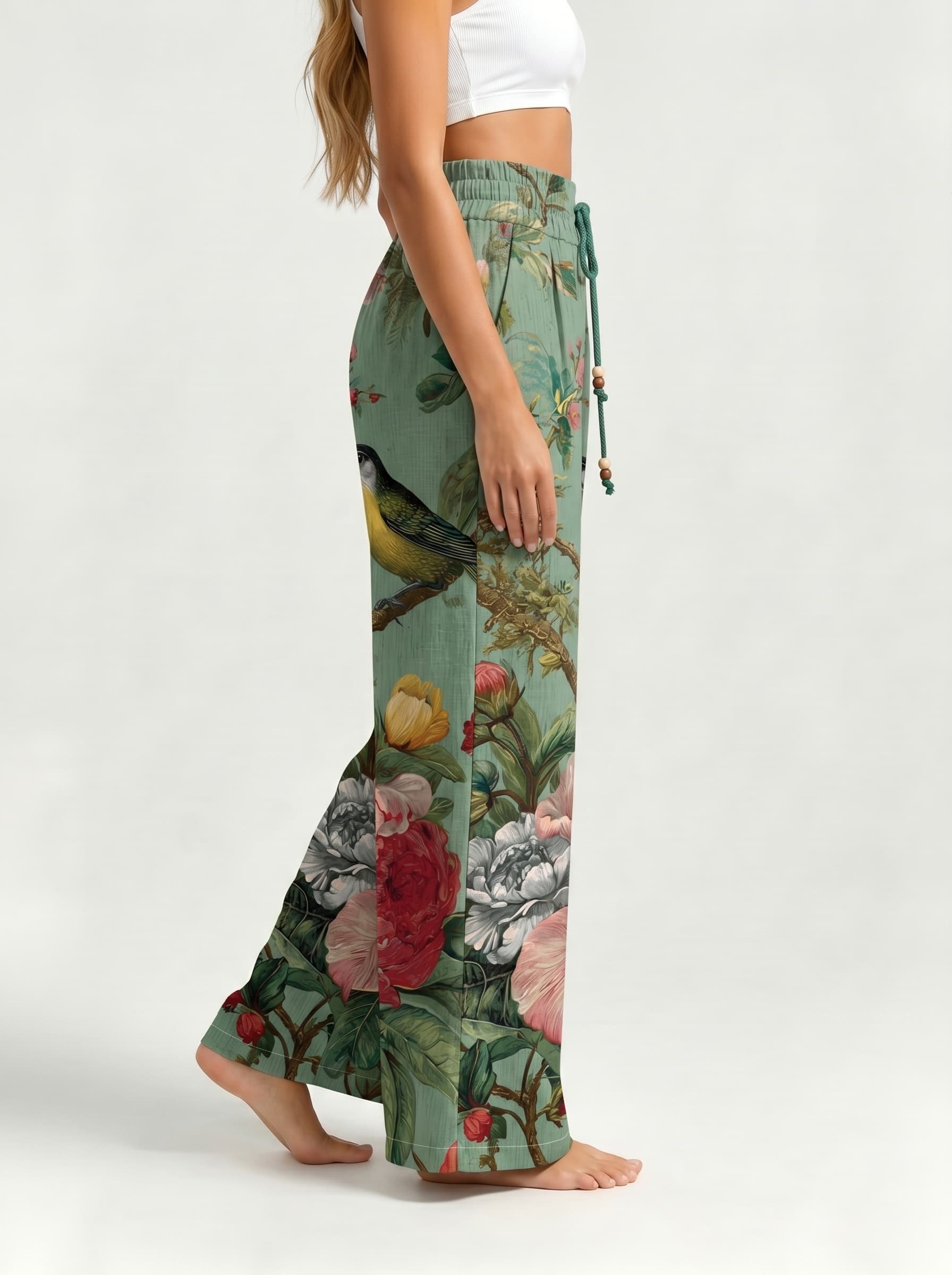 Mint Green Bird Peony Vintage Floral Drawstring Wide Leg Trousers