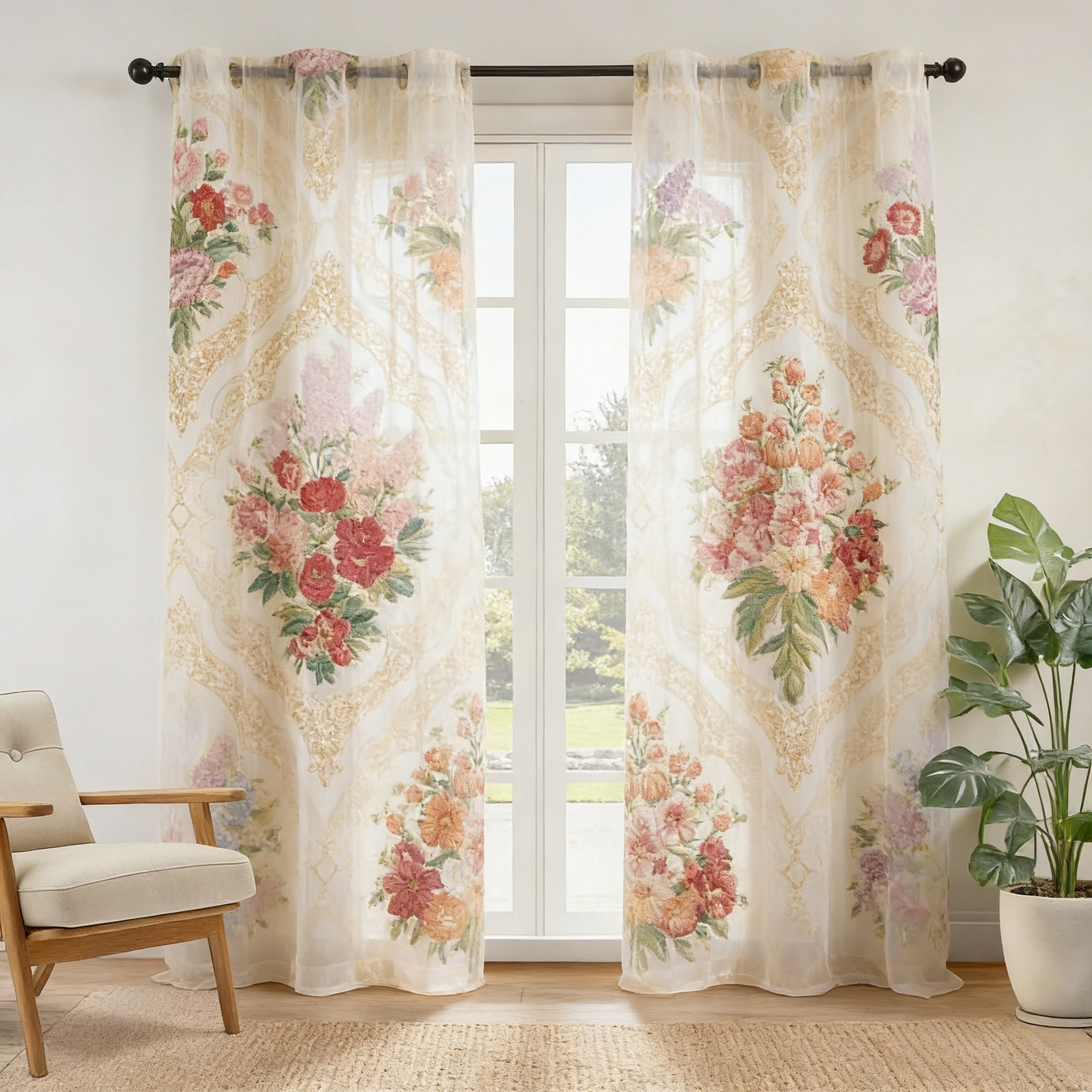 Vintage Damask Floral Embroidered Sheer Curtains