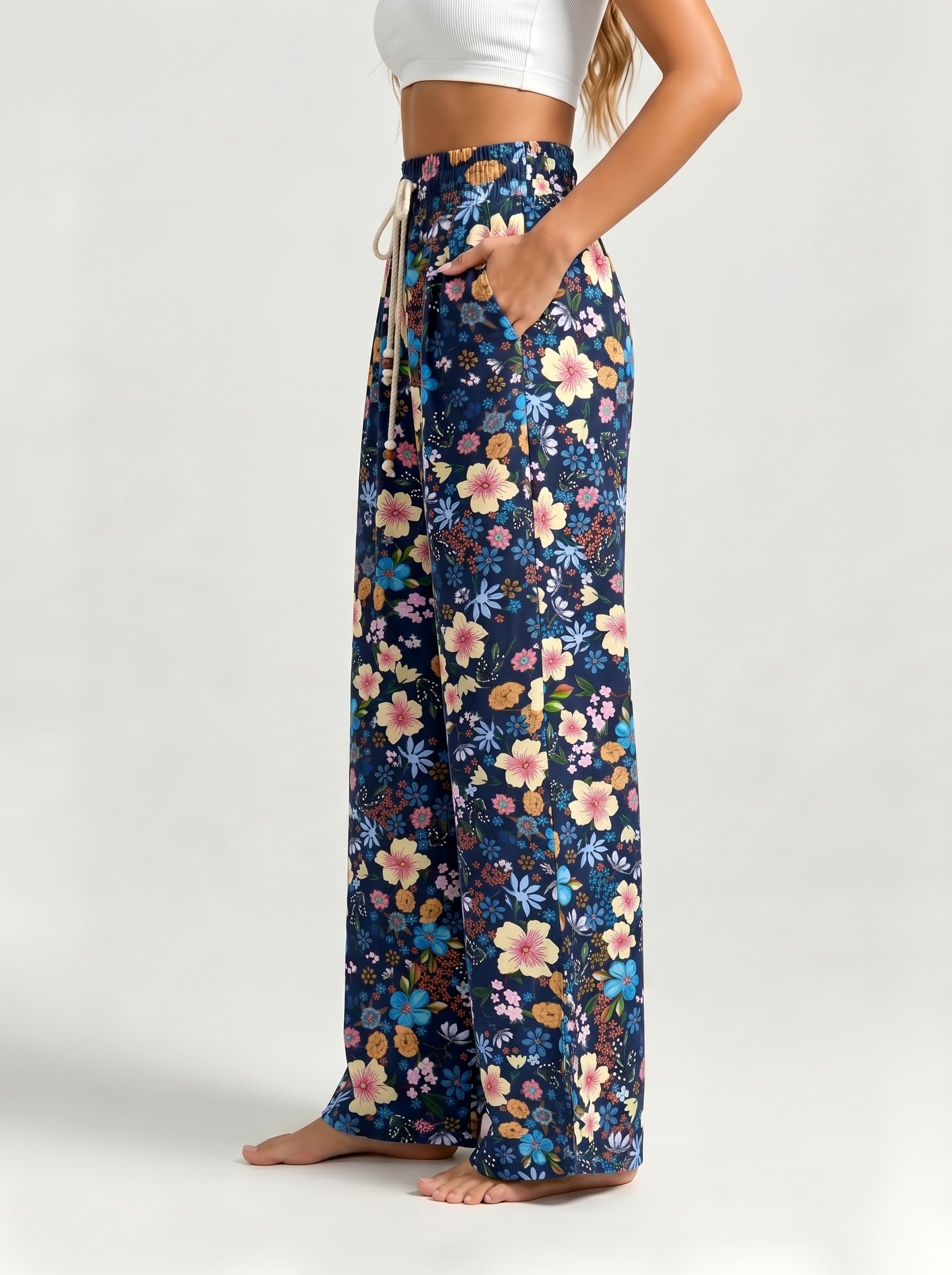 Navy Mixed Floral Print Drawstring Wide Leg Trousers