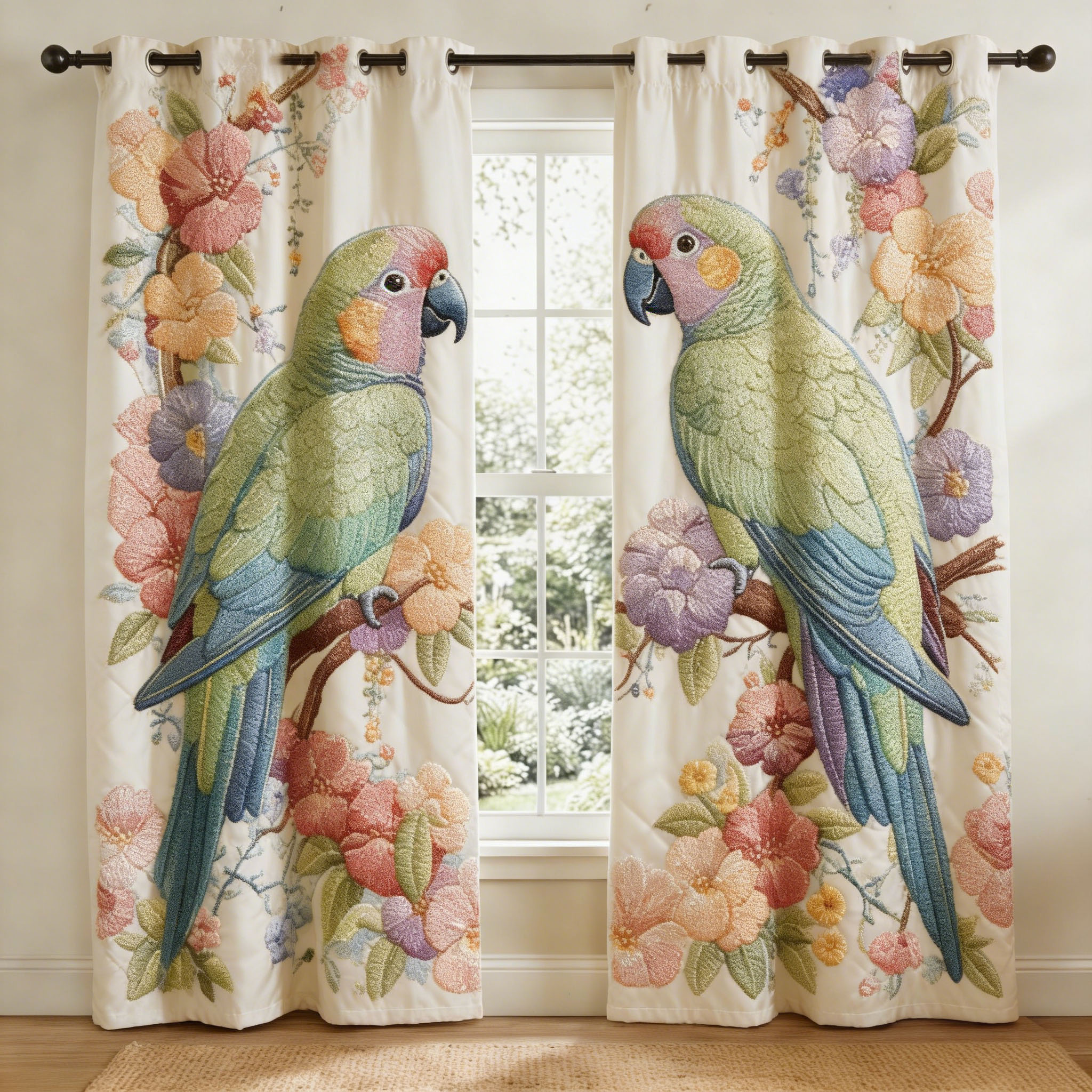 Colorful Parrot Garden Embroidered Sheer Curtains