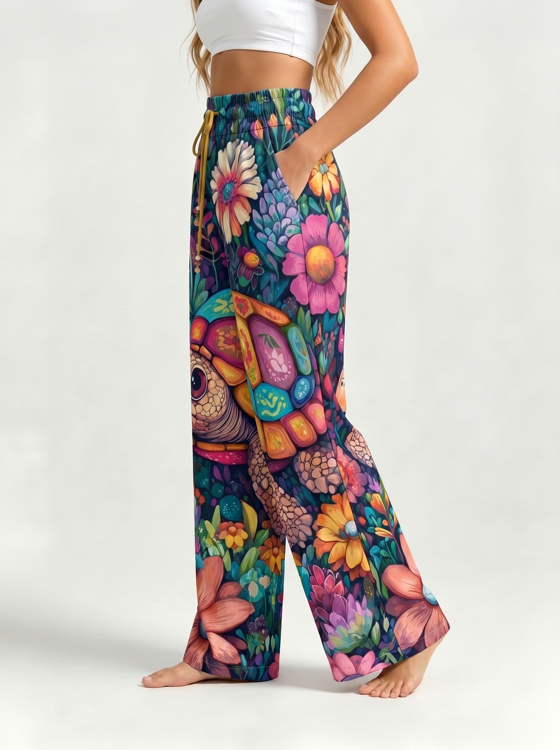 Colorful Turtle Wildflower Art Print Drawstring Wide Leg Trousers