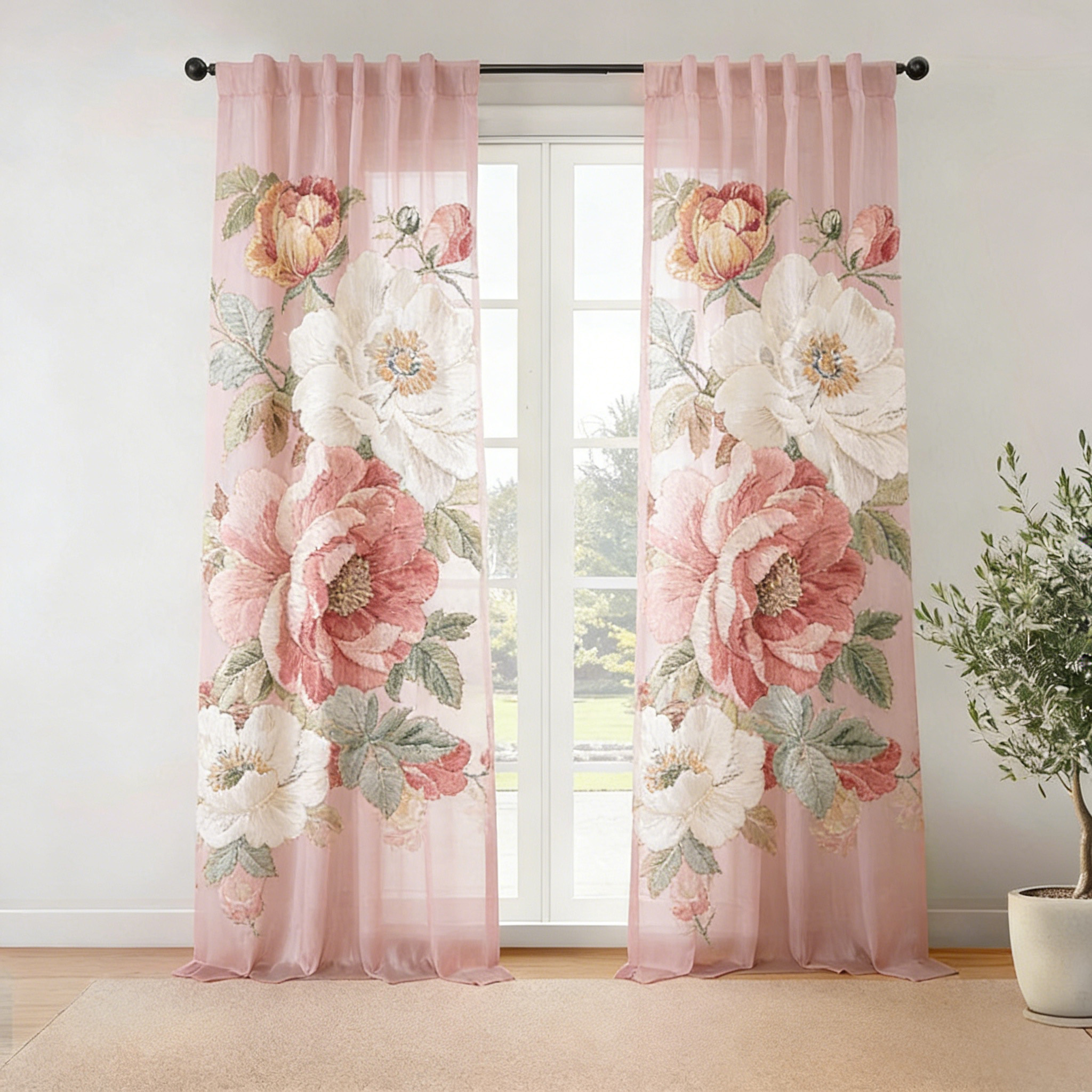 Romantic Peony Blossom Embroidered Sheer Curtains
