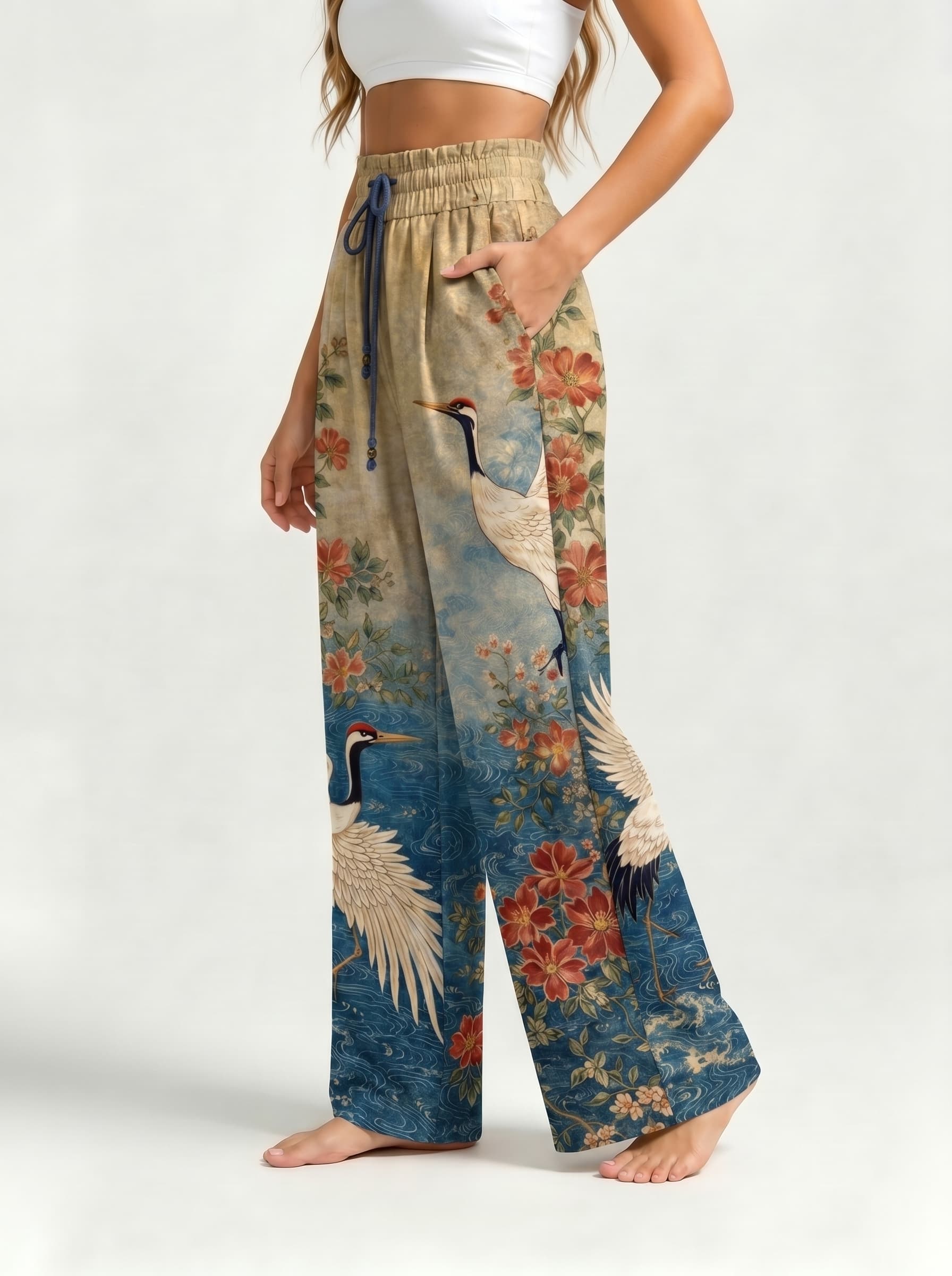 Vintage Red-Crowned Crane Floral Print Drawstring Wide Leg Trousers