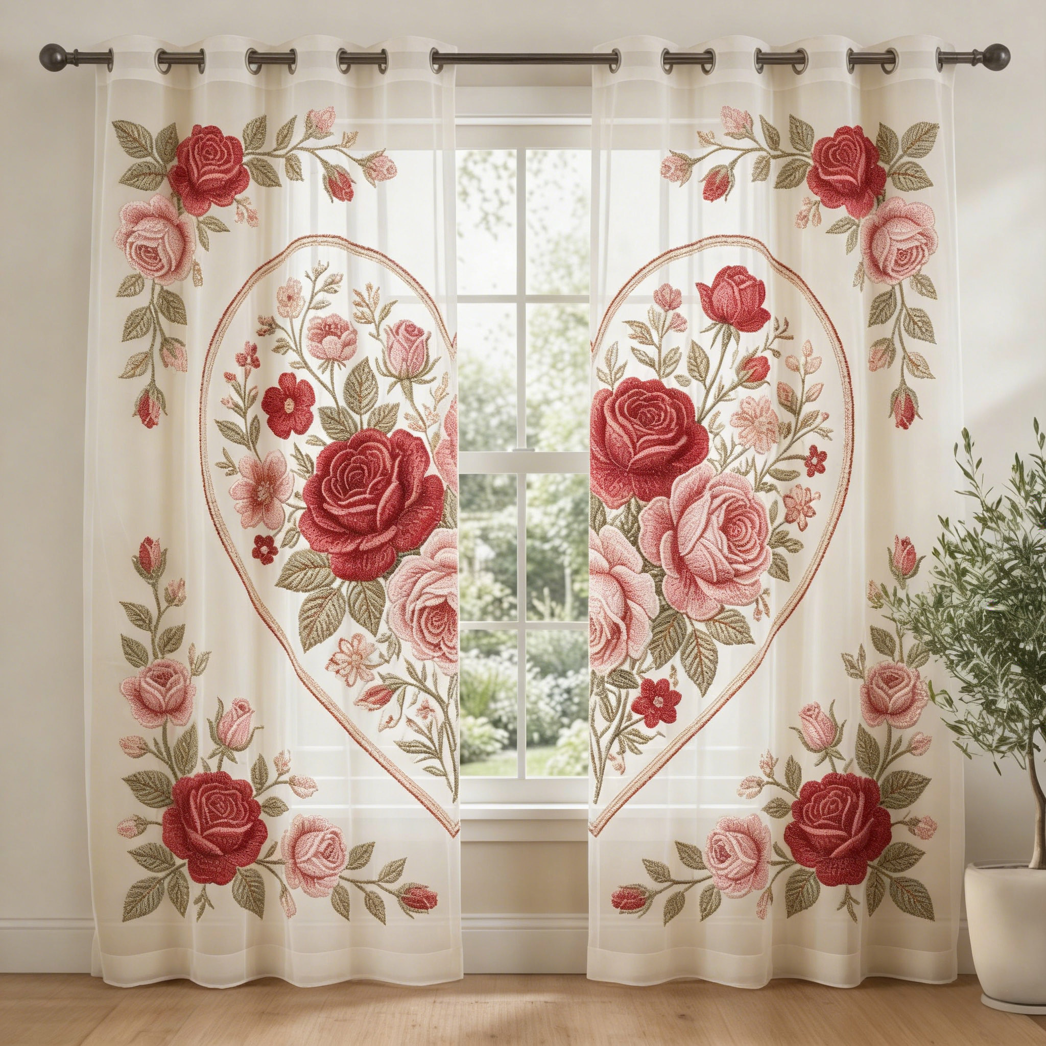 Vintage Rose Heart Frame Embroidered Sheer Curtains