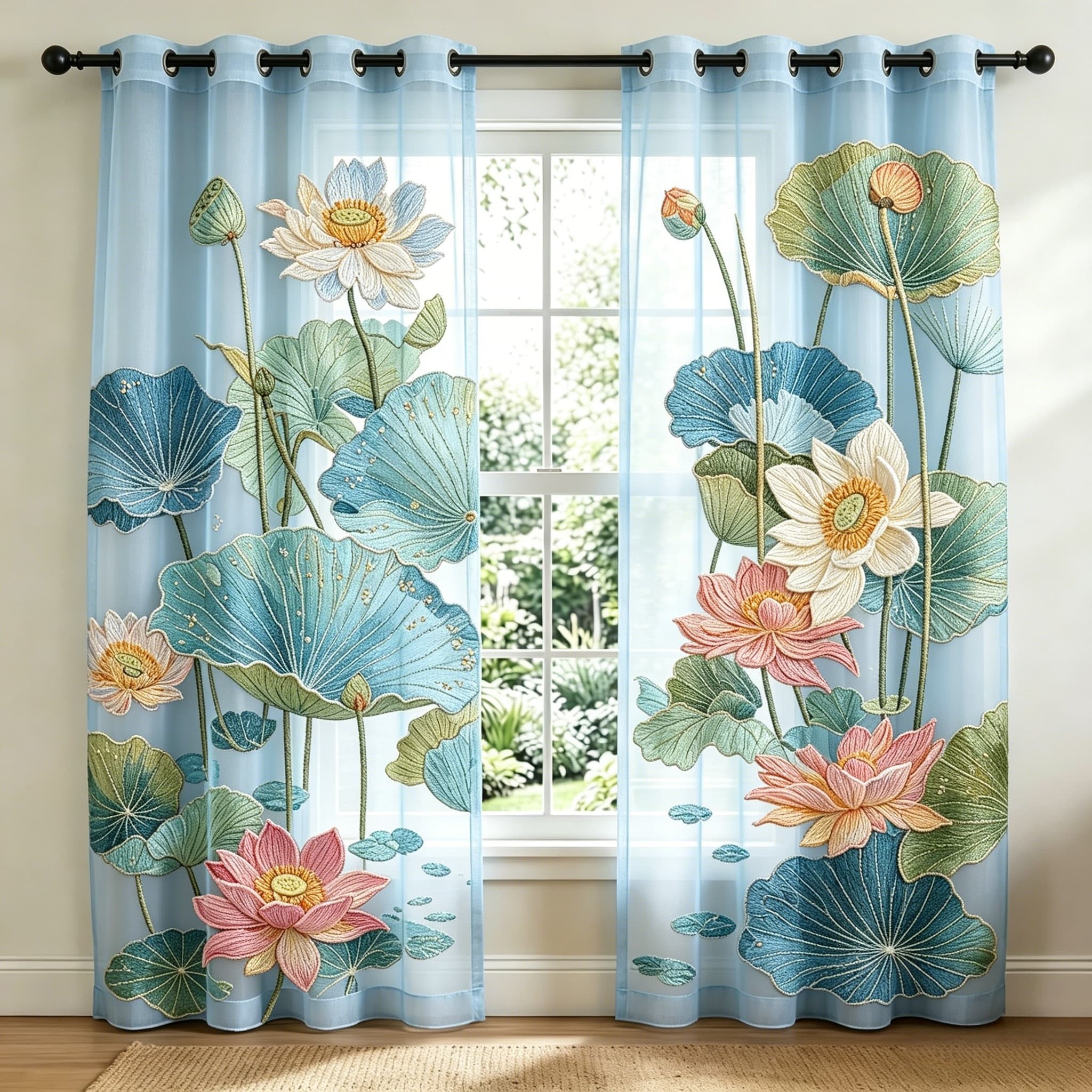 Tranquil Water Lily Pond Embroidered Sheer Curtains