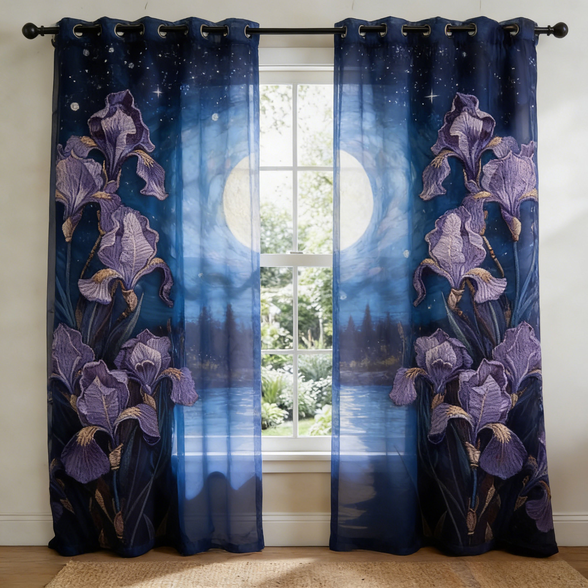 Van Gogh Style Iris Night Scene Embroidered Sheer Curtains