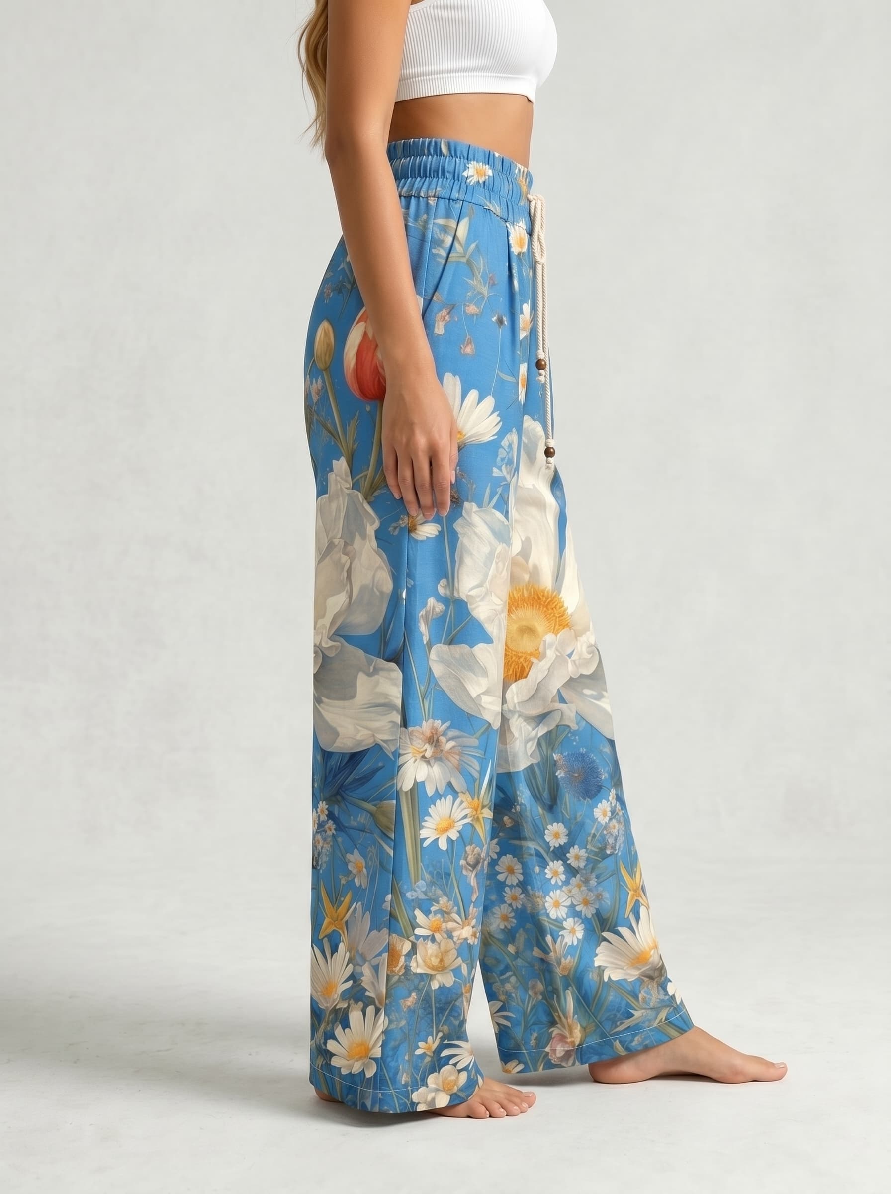 Blue Sky Wild Daisy Floral Drawstring Wide Leg Trousers