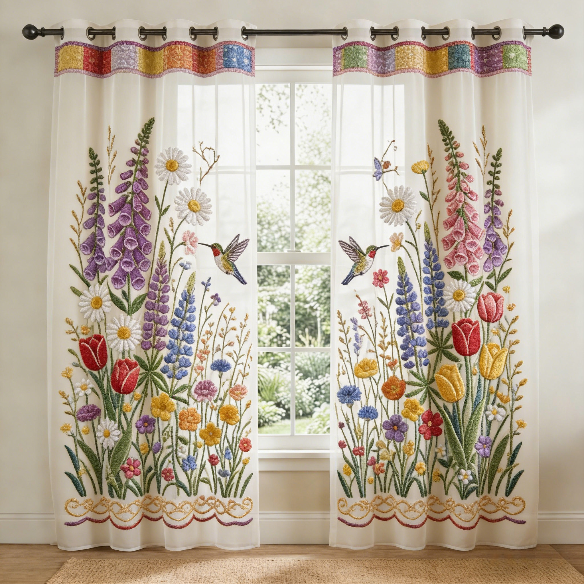Hummingbird Wildflower Garden Embroidered Sheer Curtains