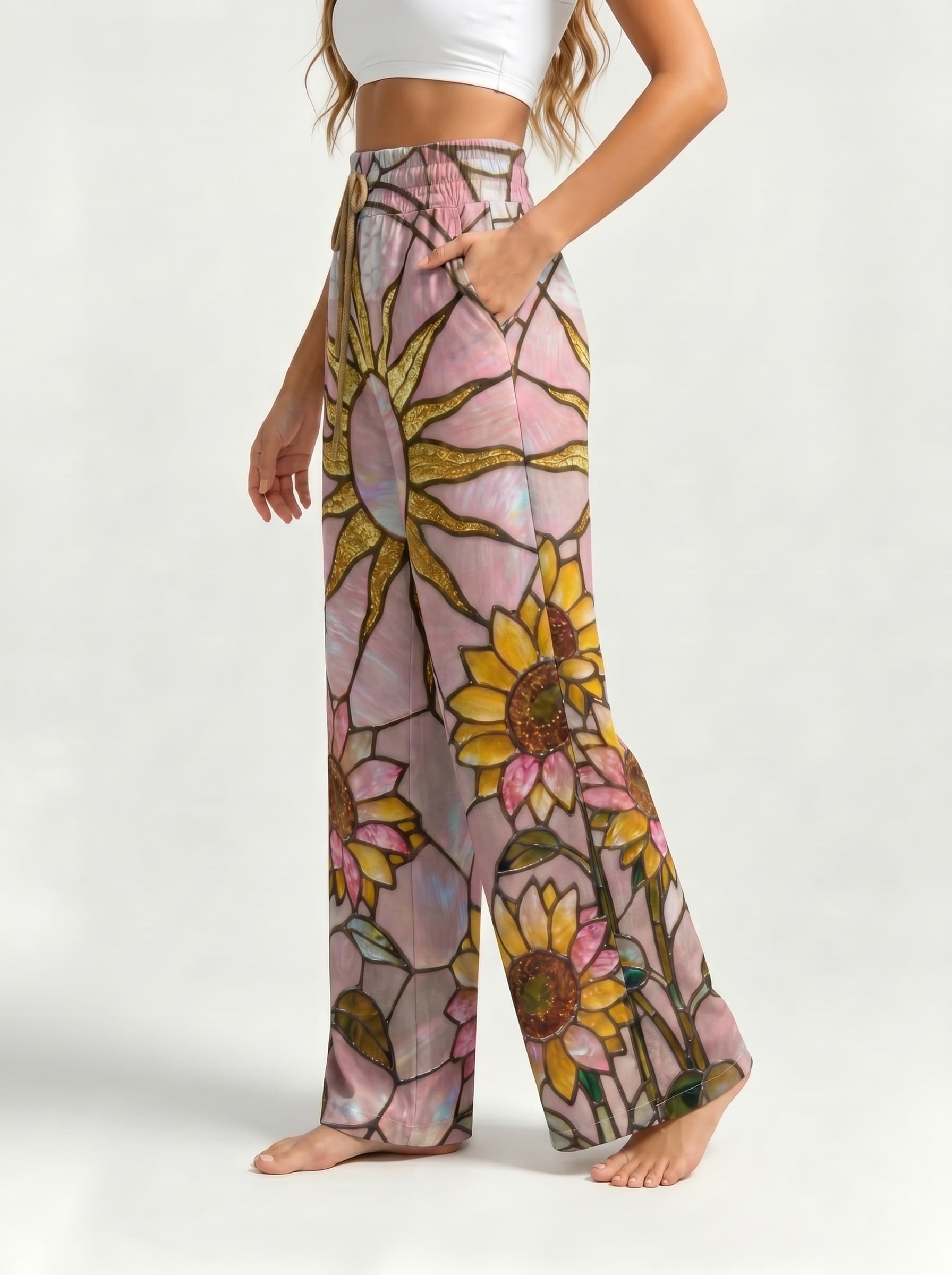 Pink Stained Glass Sunflower Art Print Drawstring Wide Leg Trousers