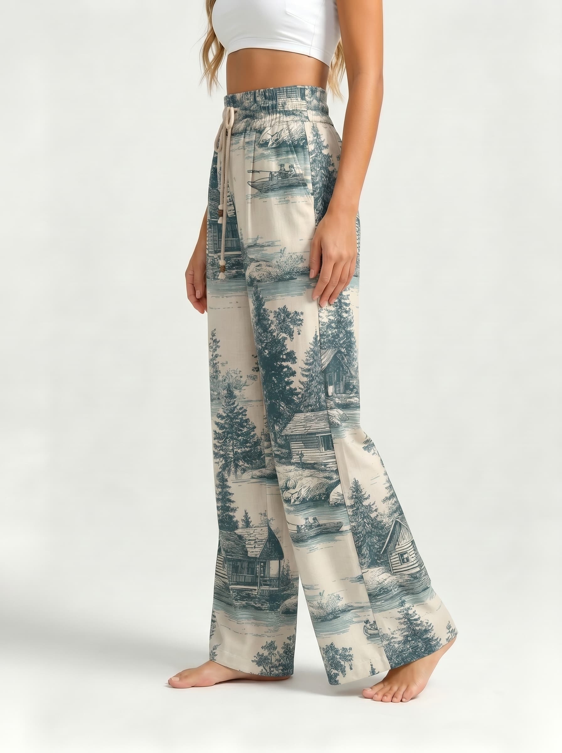 Lake Cabin Forest Landscape Toile Drawstring Wide Leg Trousers