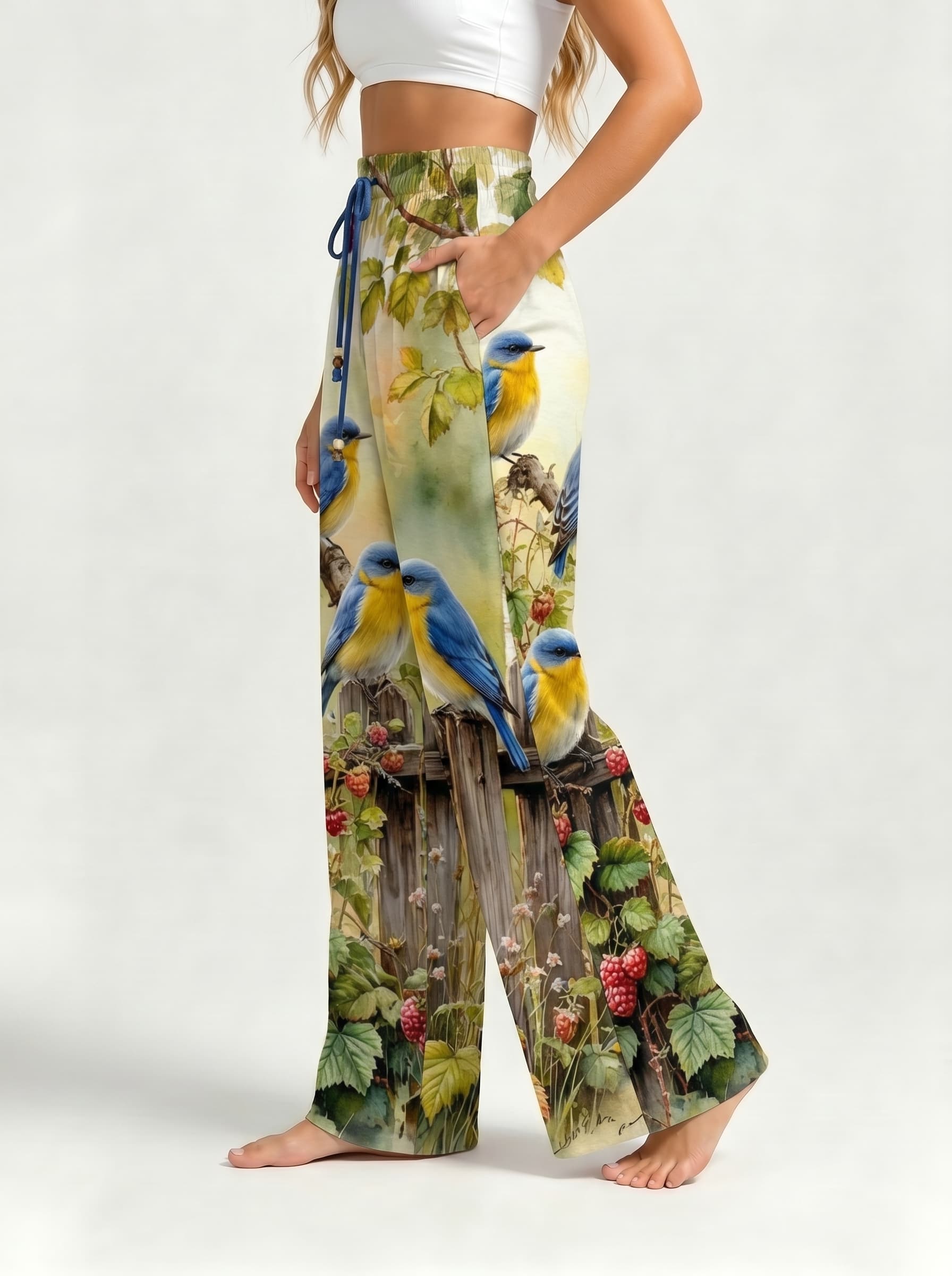 Garden Blue Bird Raspberry Fence Watercolor Print Drawstring Wide Leg Trousers
