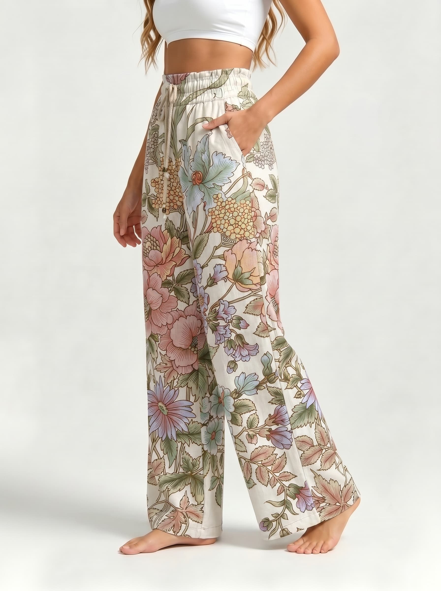 Vintage Soft Mixed Floral Botanical Print Drawstring Wide Leg Trousers