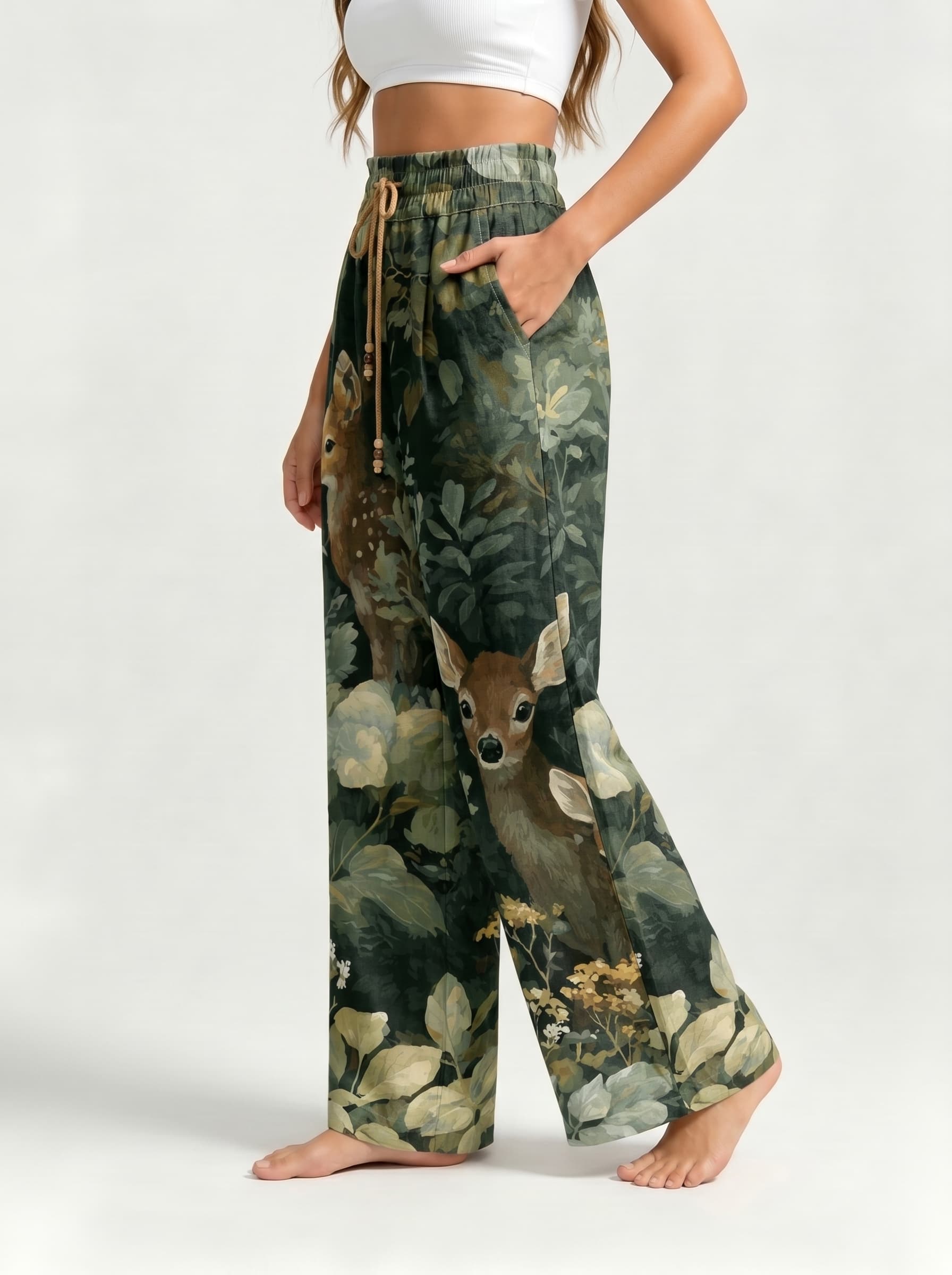 Dark Green Forest Fawn Wildlife Oil Painting Drawstring Wide Leg Trousers