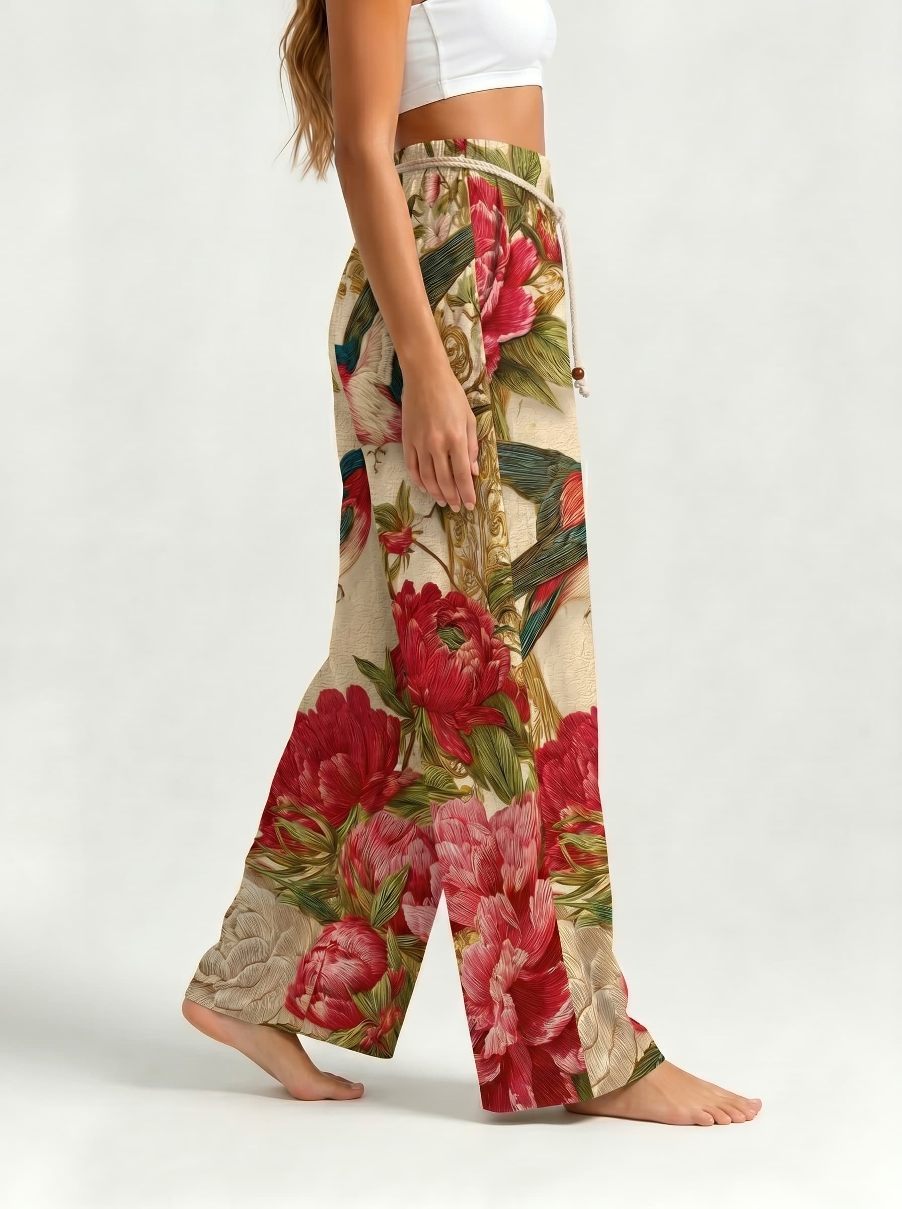 Vintage Swallow Peony Floral Drawstring Wide Leg Trousers