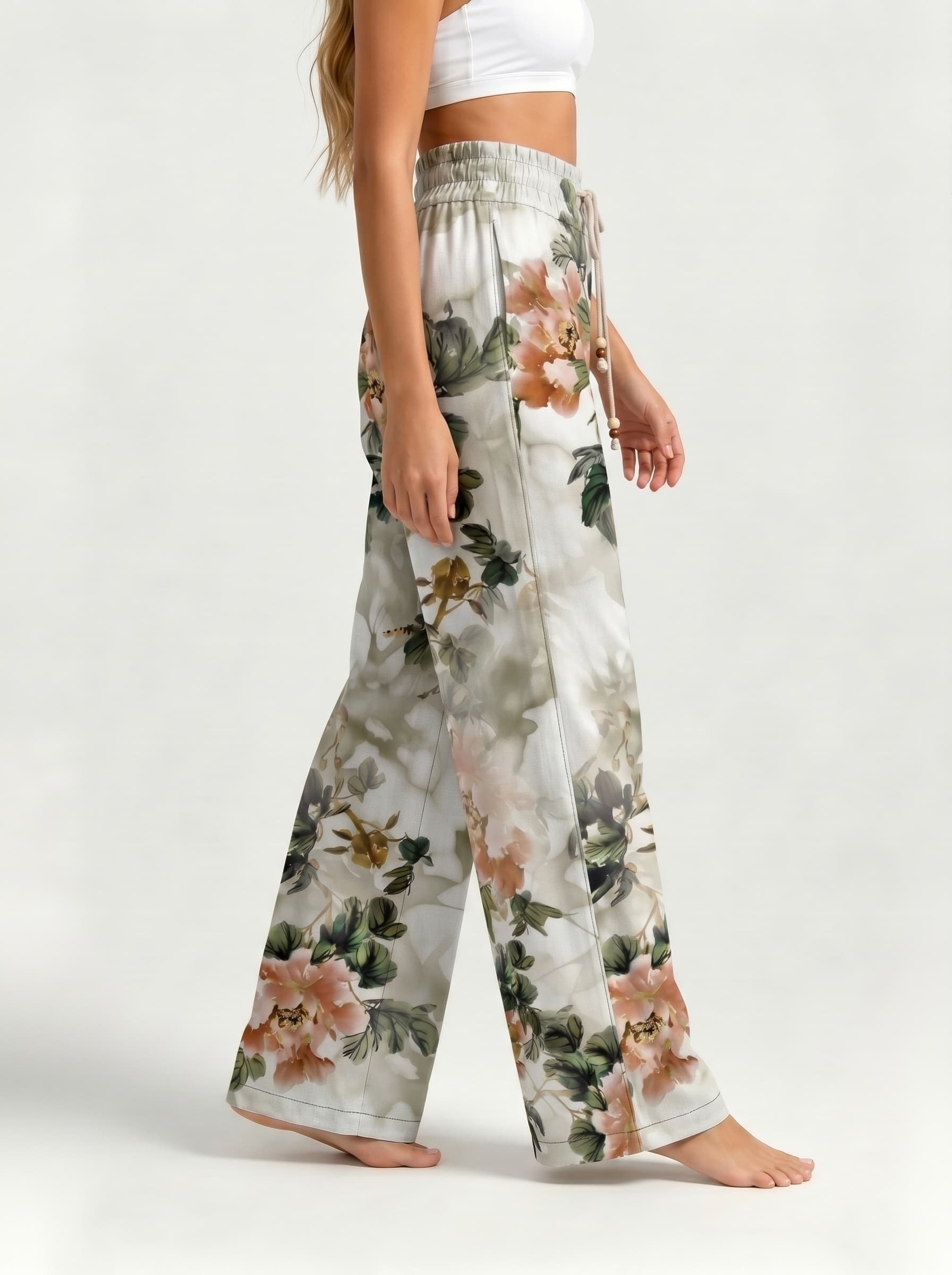 Ink Wash Peony Floral Print Drawstring Wide Leg Trousers