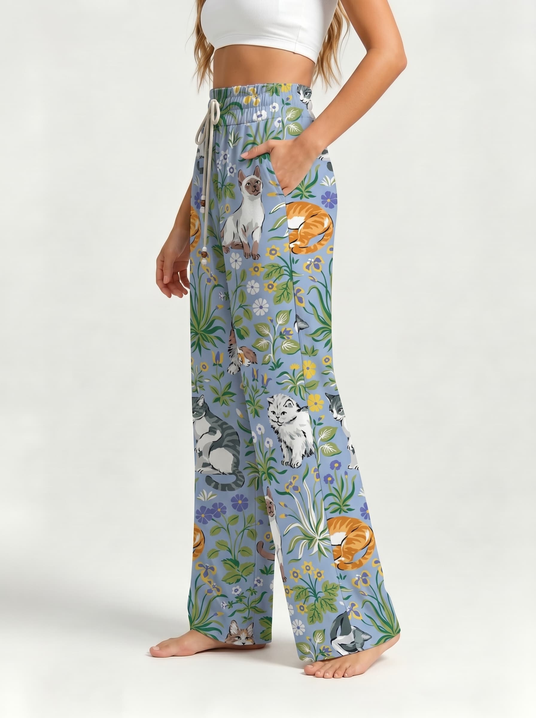 Light Blue Cat Wildflower Cartoon Print Drawstring Wide Leg Trousers