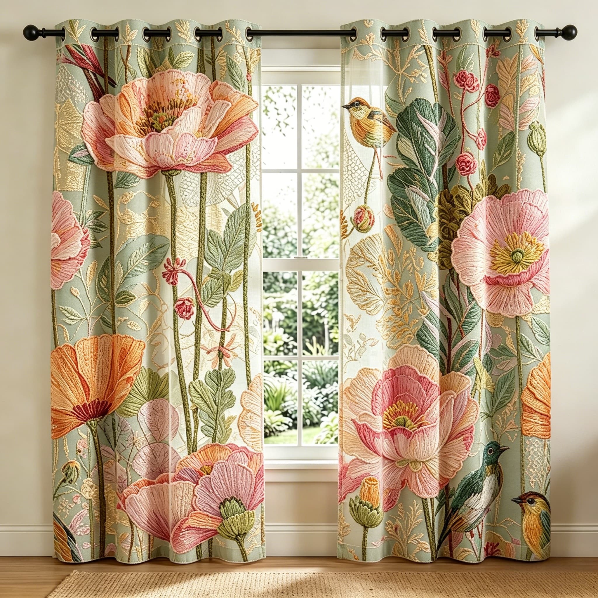 Meadow Hollyhock & Songbird Embroidered Sheer Curtains