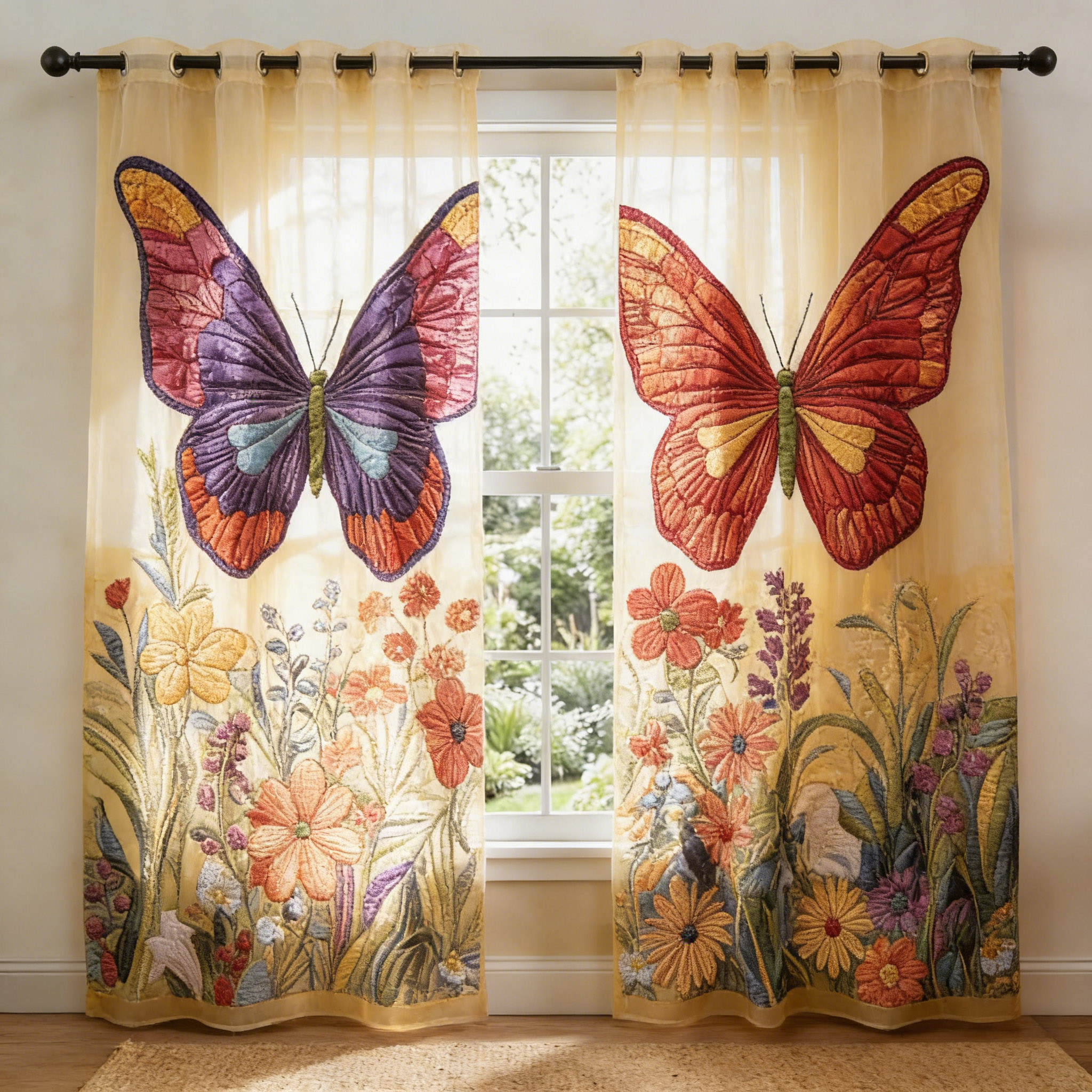 Colorful Butterfly Wildflower Embroidered Sheer Curtains