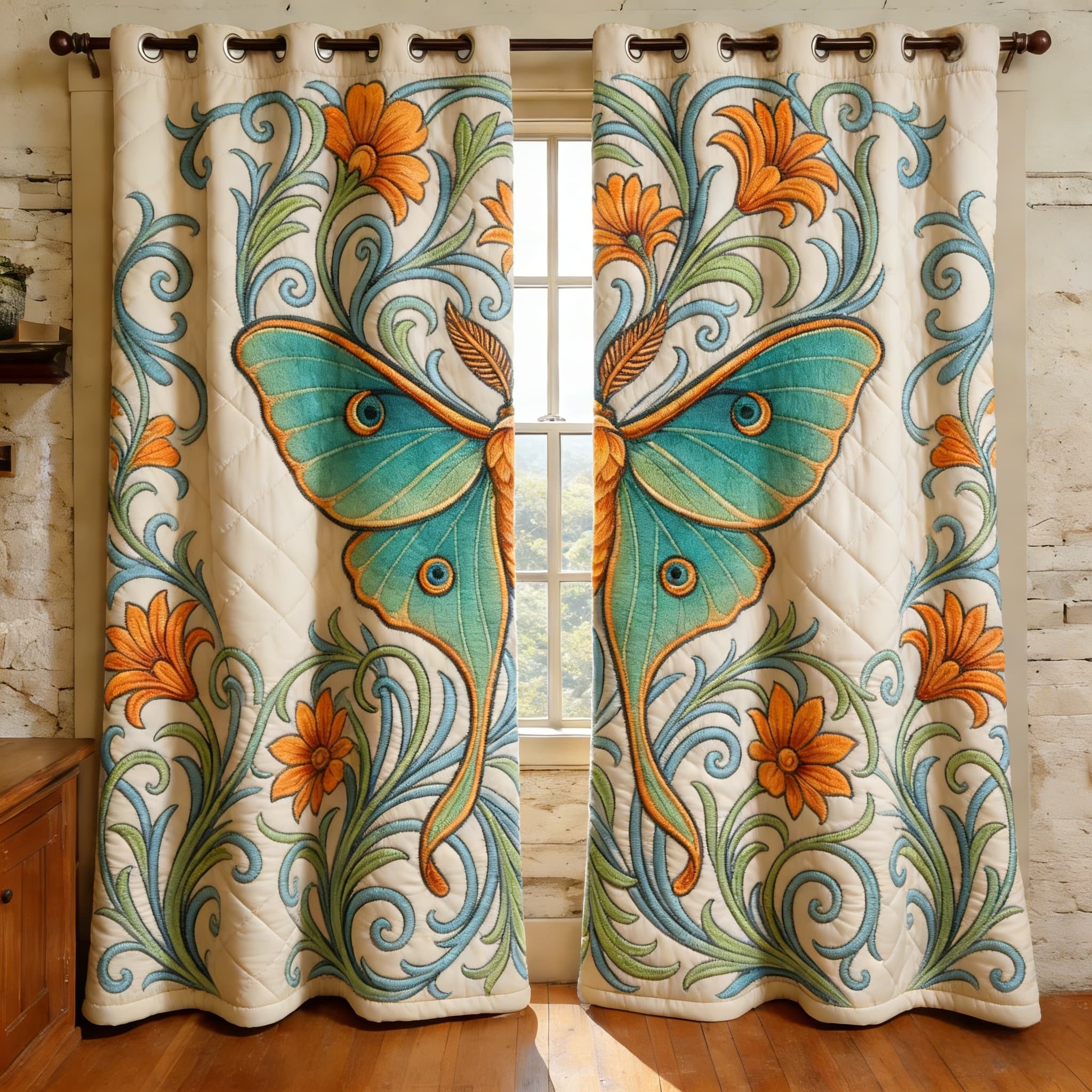Teal Moth & Swirl Floral Embroidered Knitwear Quilted Curtains