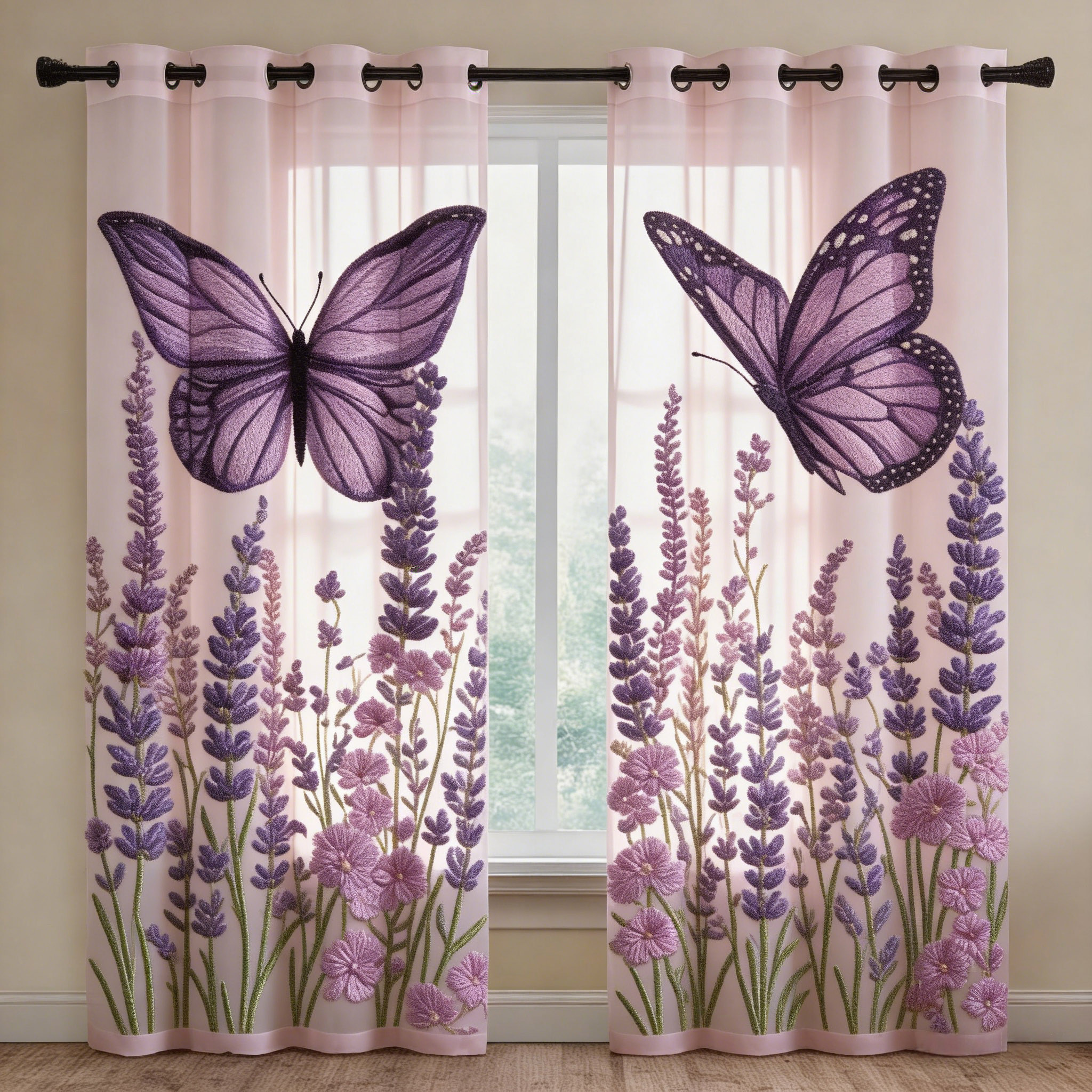 Purple Monarch Butterfly Lavender Embroidered Sheer Curtains