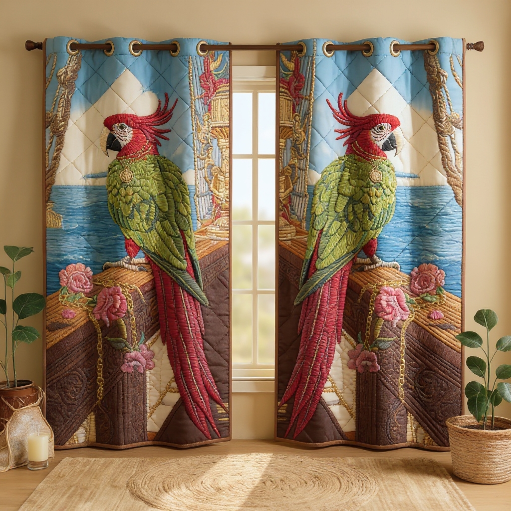 Pirate Parrot & Treasure Chest Nautical Scene Embroidered Knitwear Quilted Curtains