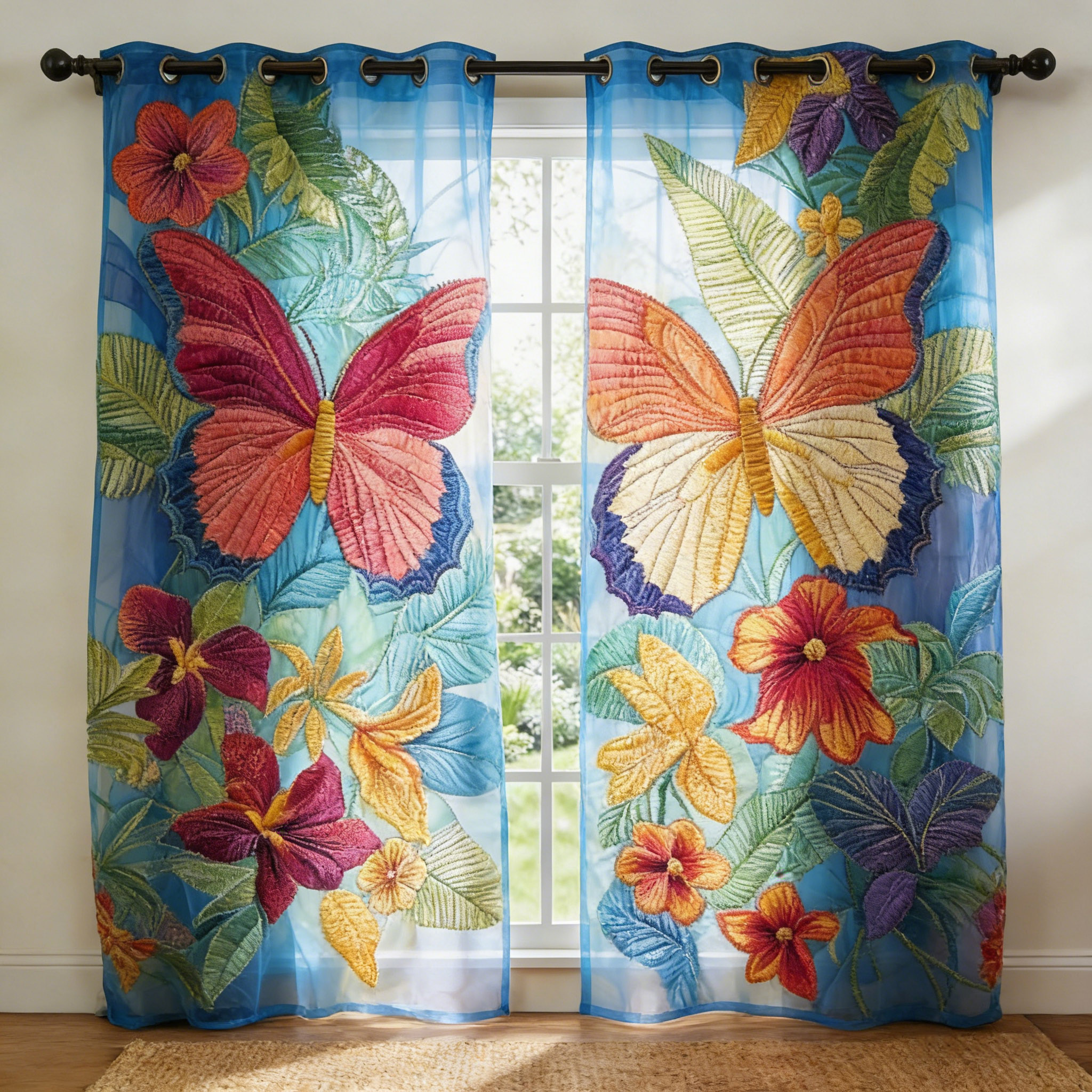 Boho Blue Butterfly Floral Embroidered Sheer Curtains