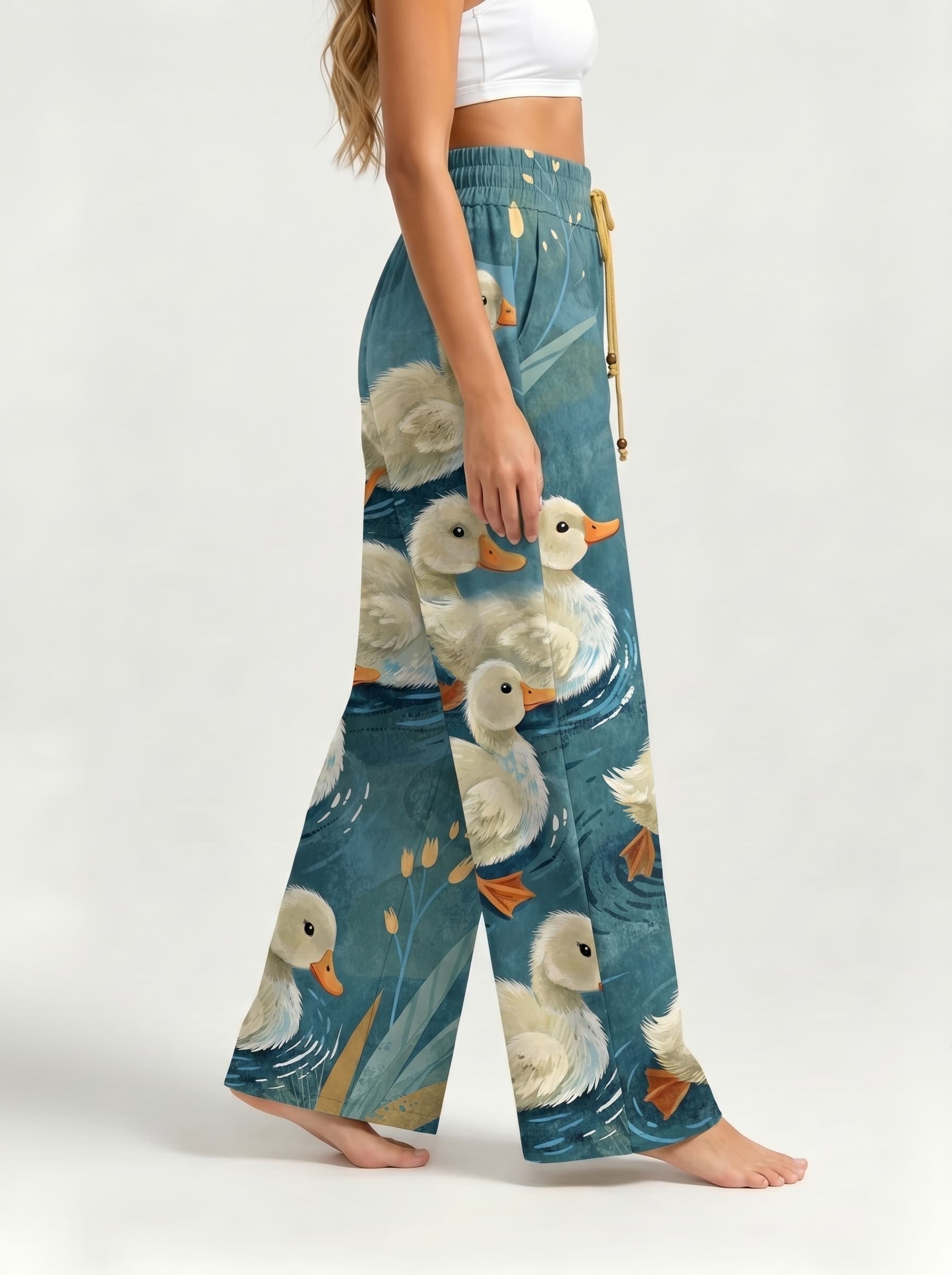 Cute Duckling Lake Print Drawstring Wide Leg Trousers
