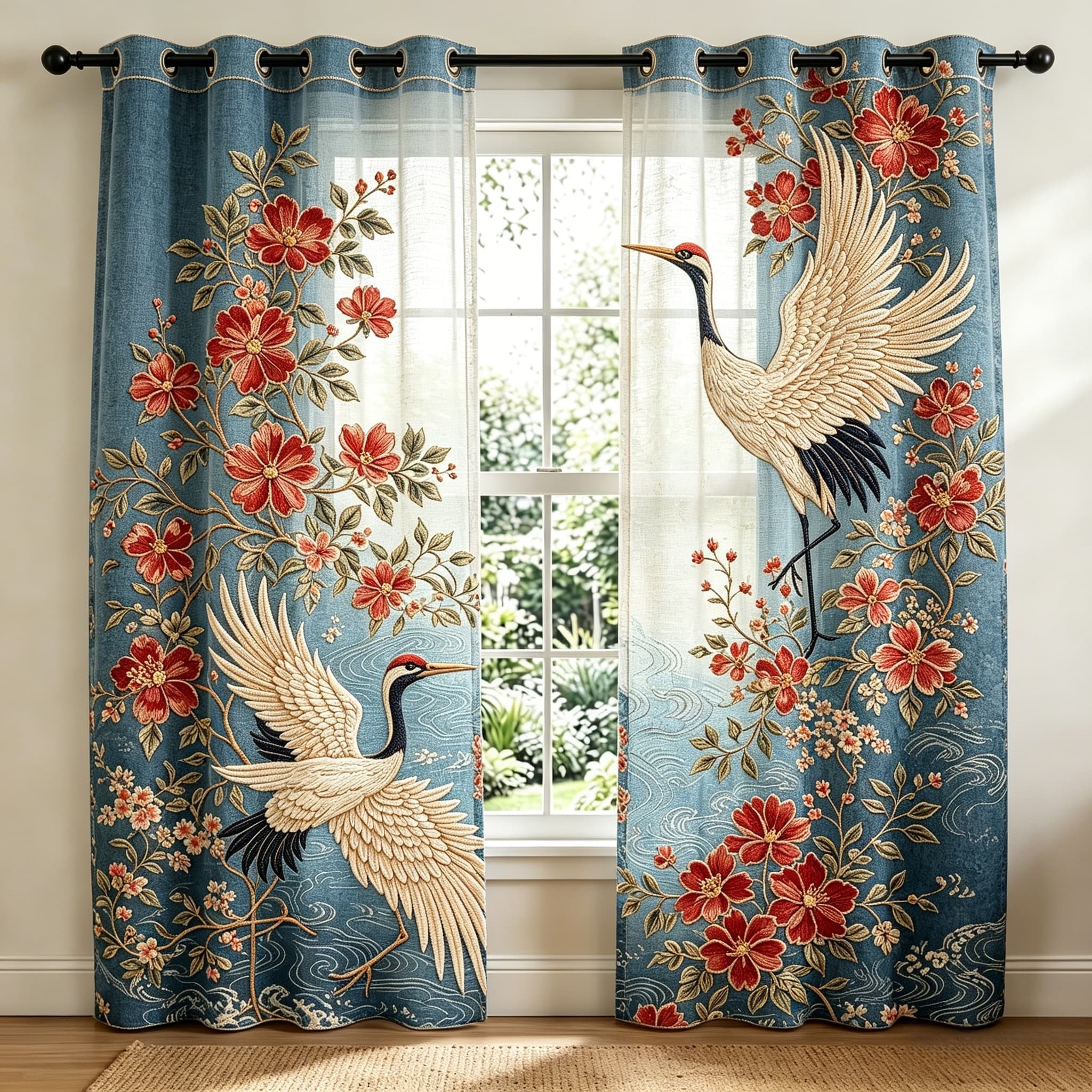 Crimson Blossom & Crane Embroidered Sheer Curtains
