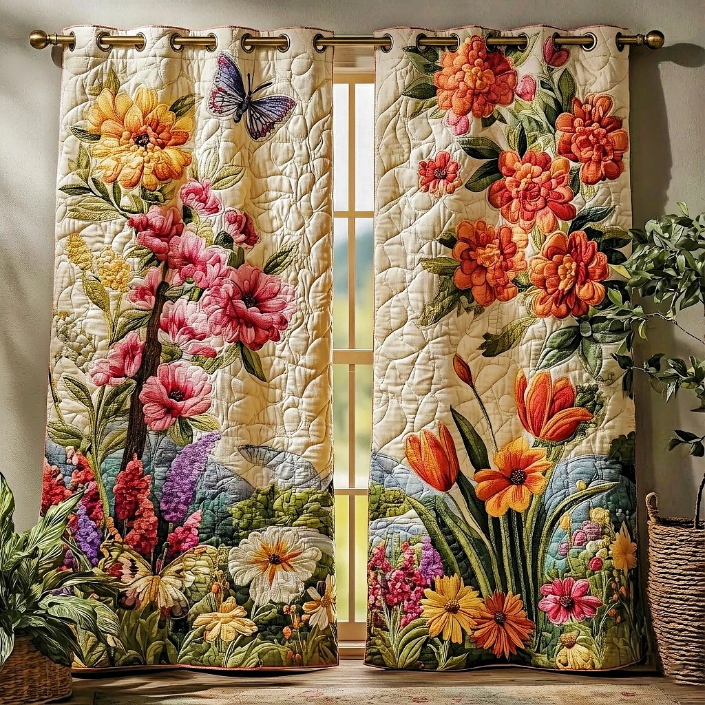Butterfly & Multi-Colored Floral Garden Embroidered Knitwear Quilted Curtains