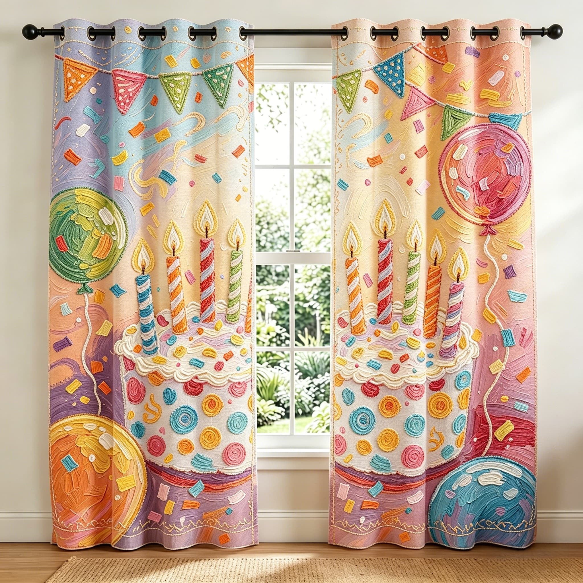 Colorful Cupcake Celebration Embroidered Sheer Curtains