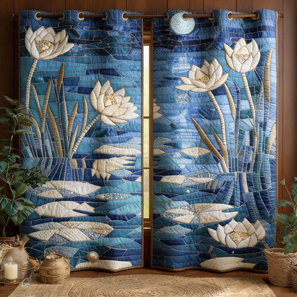 Blue Mosaic Moonlit Lotus Pond Embroidered Knitwear Quilted Curtains