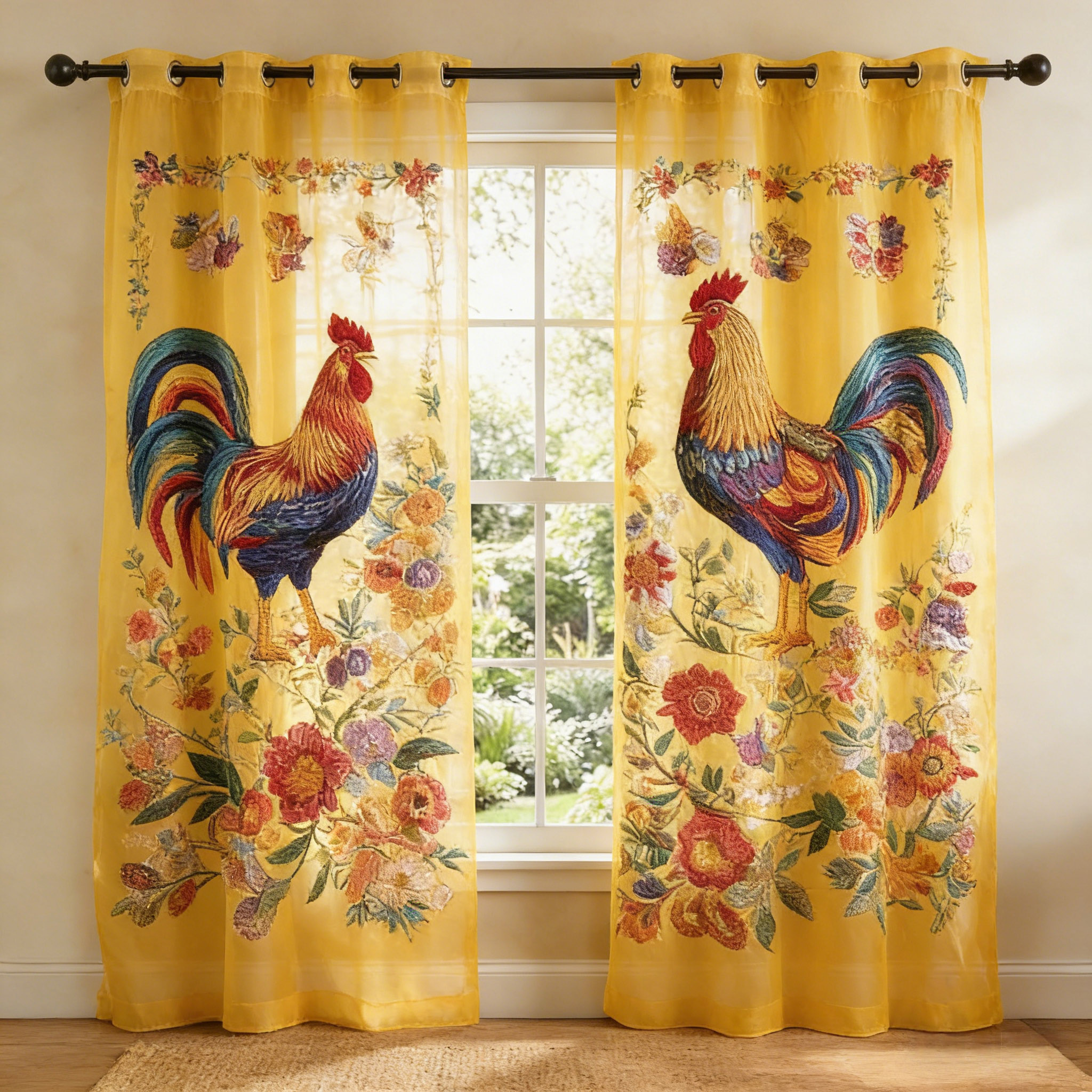 Country Style Rooster Garden Embroidered Sheer Curtains