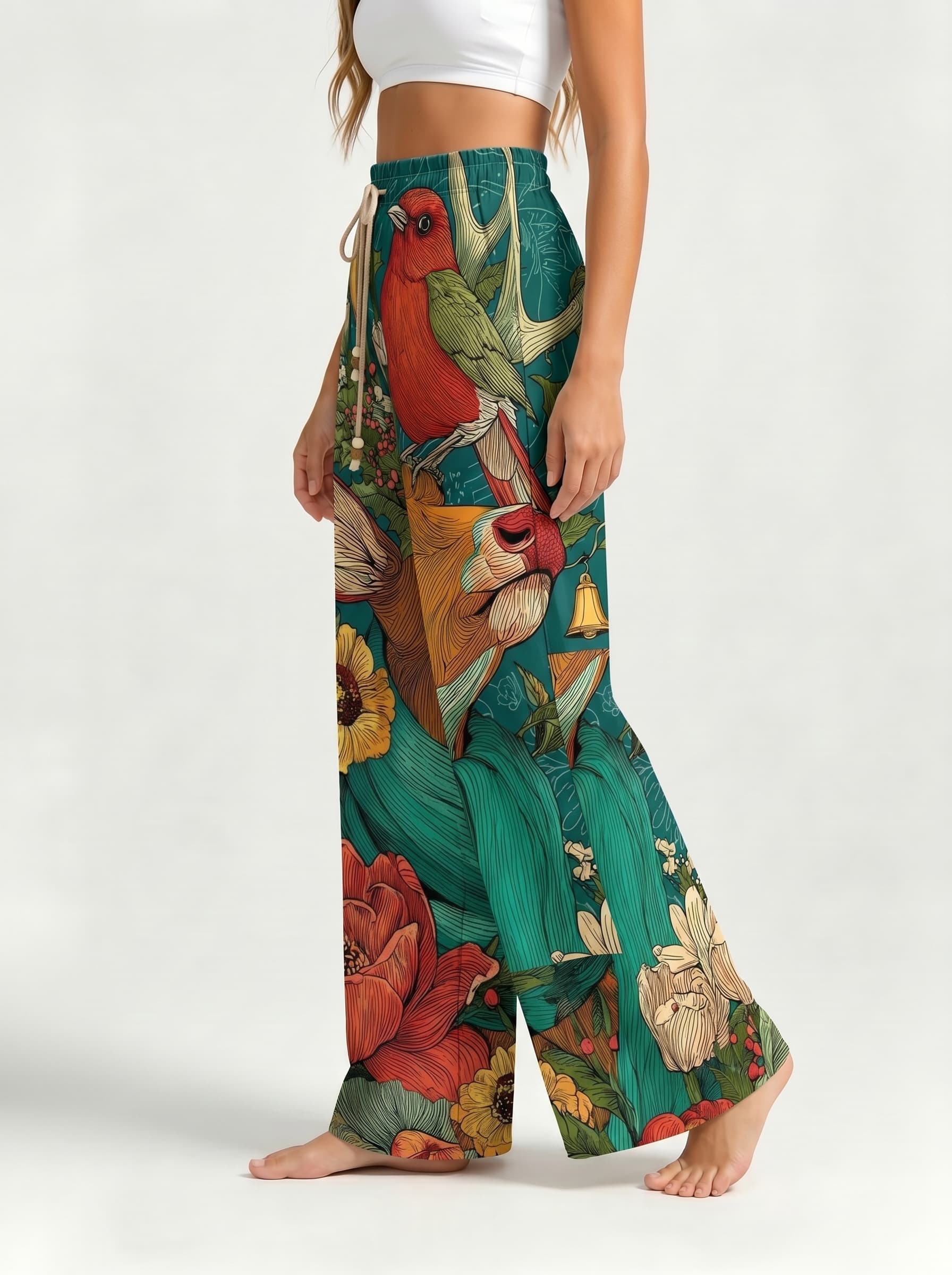 Vintage Red Bird Deer Floral Illustration Drawstring Wide Leg Trousers