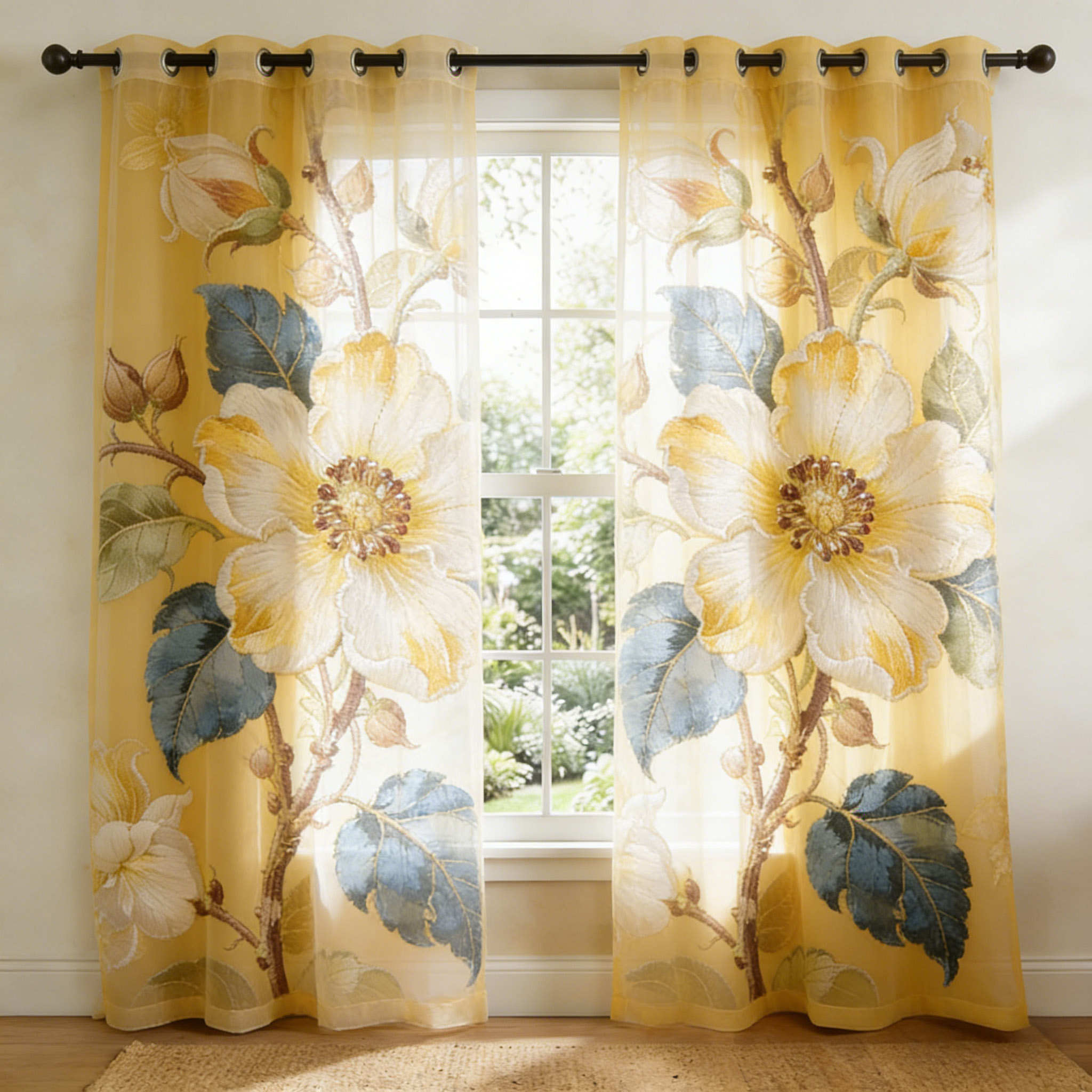 Vintage White Hibiscus Branch Embroidered Sheer Curtains