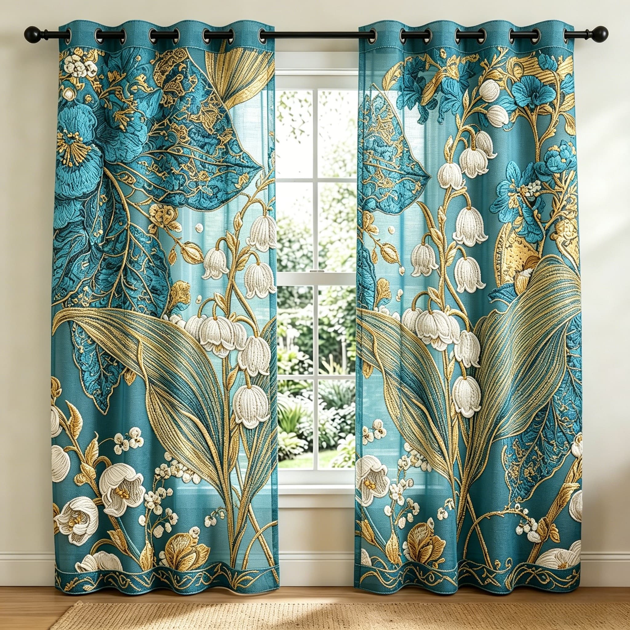 Lily of the Valley & Teal Blooms Embroidered Sheer Curtains