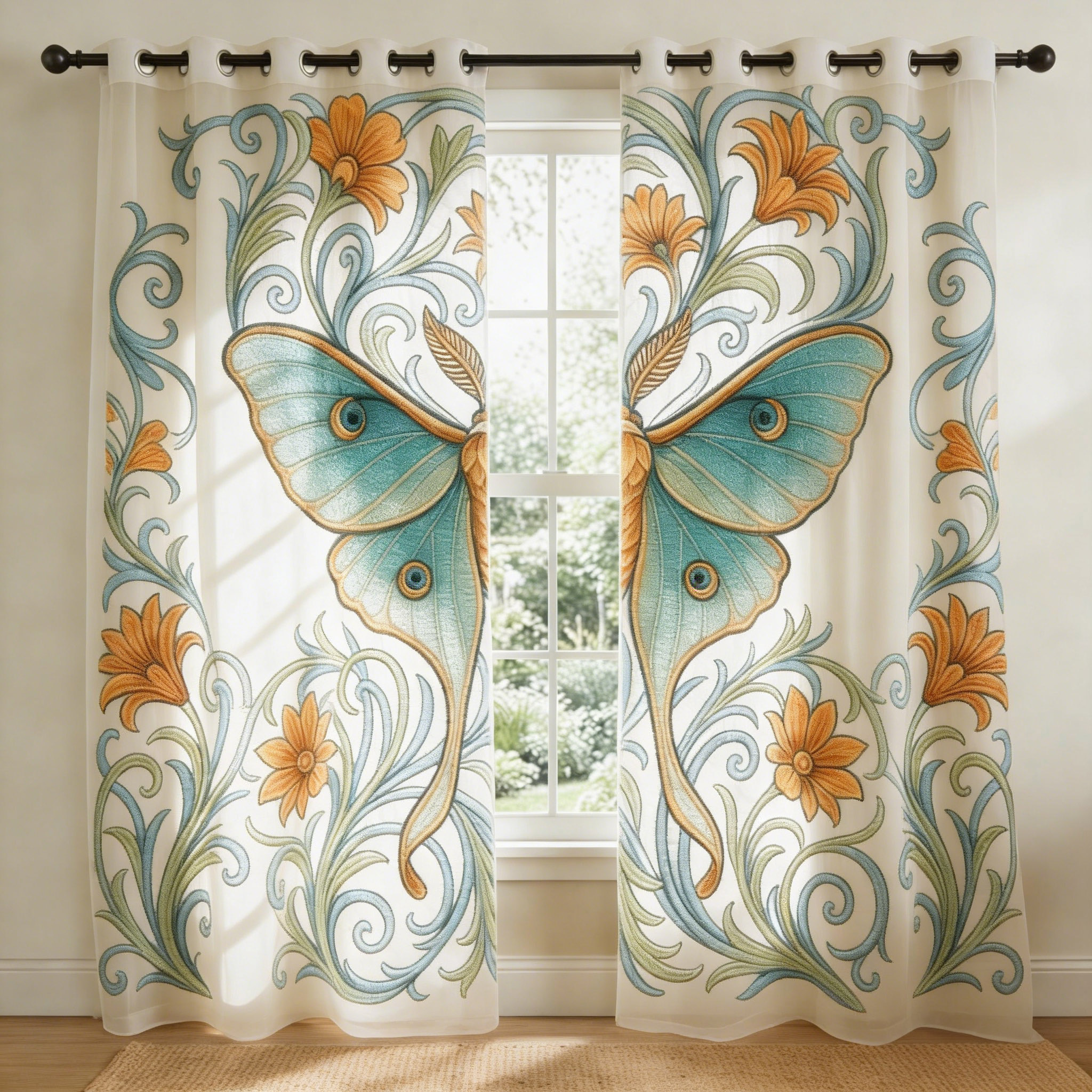 Teal Luna Moth Scrollwork Embroidered Sheer Curtains