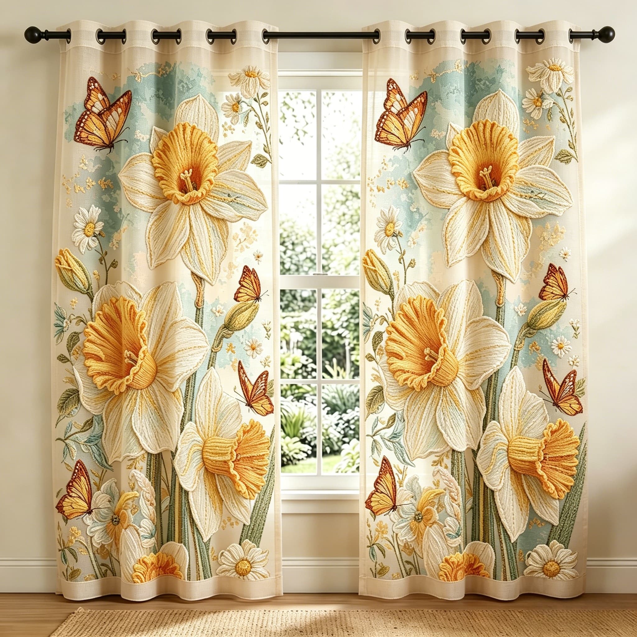 Daffodil & Monarch Butterfly Embroidered Sheer Curtains