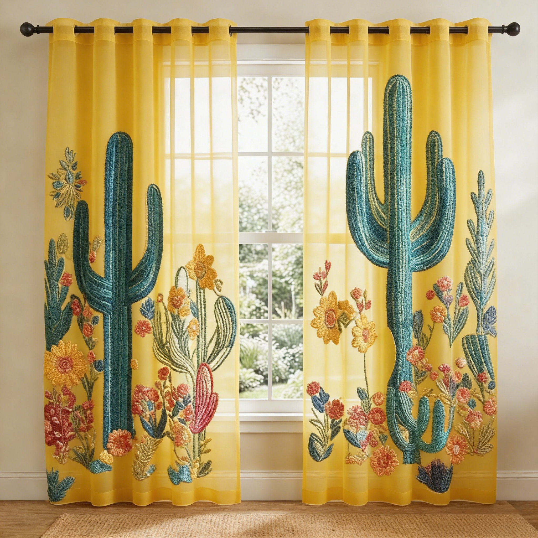 Southwest Cactus Wildflower Embroidered Sheer Curtains
