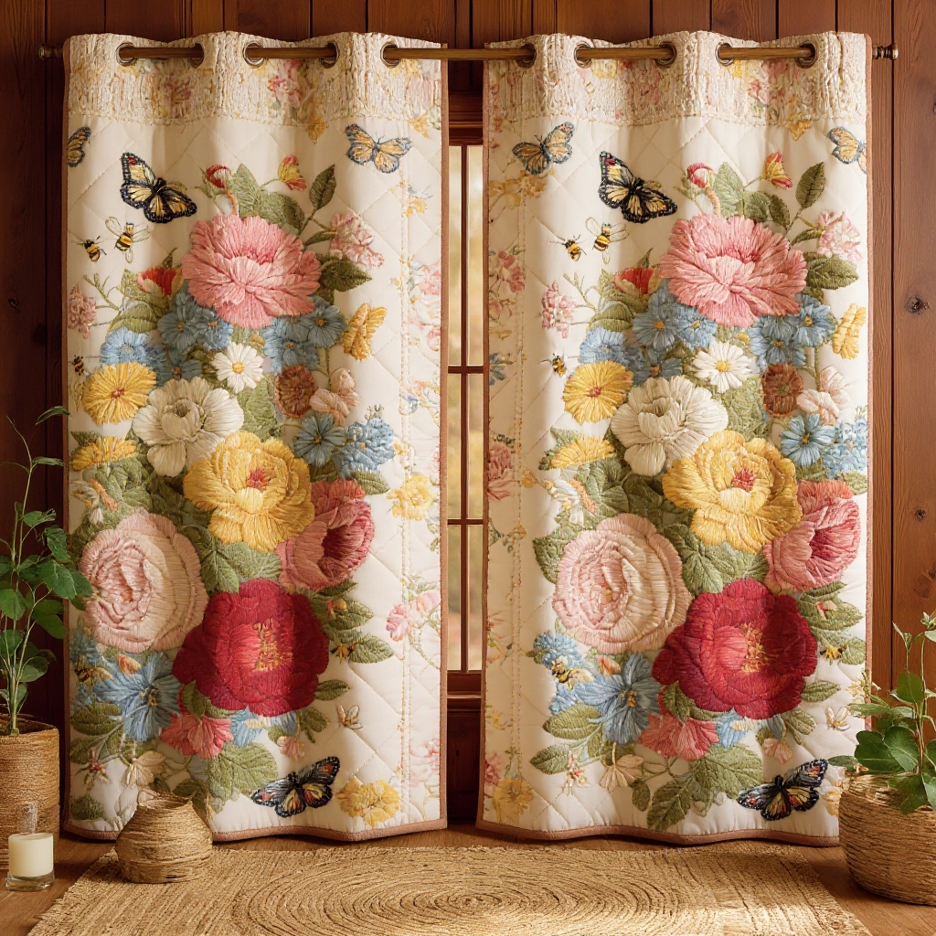 Romantic Mixed Floral Bouquet with Butterflies Embroidered Knitwear Quilted Curtains