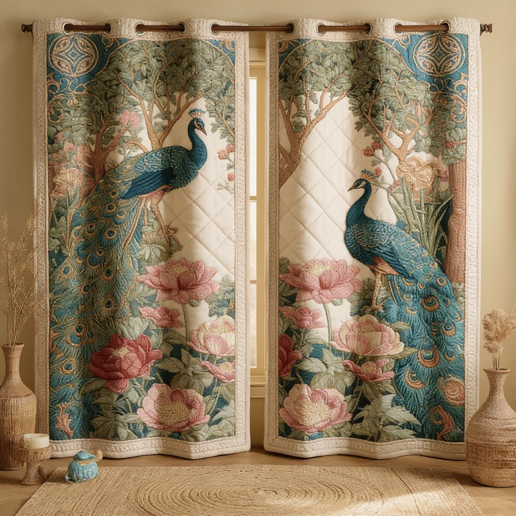 Elegant Peacocks & Peony Garden Embroidered Knitwear Quilted Curtains