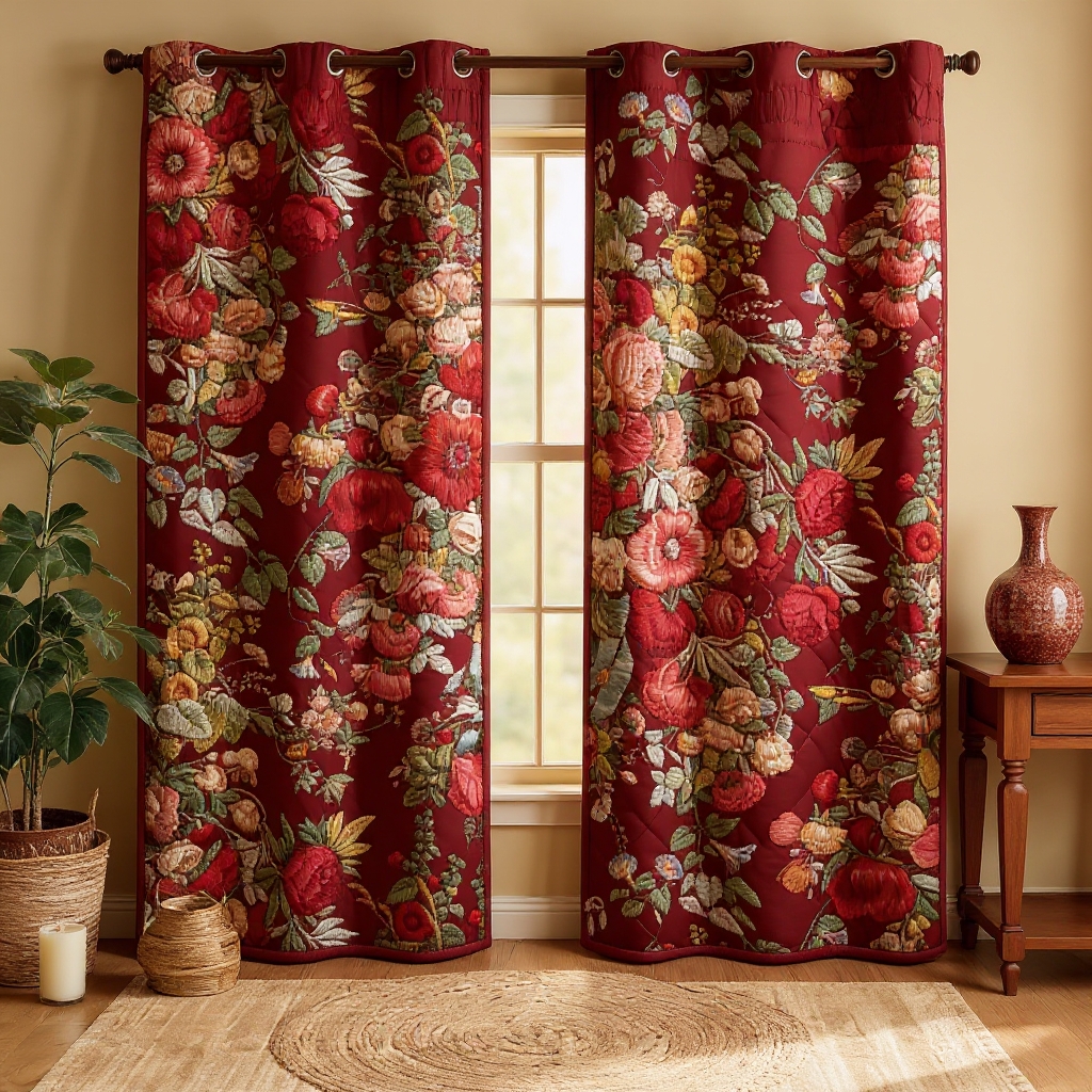 Luxury Red Floral & Berry Branch Embroidered Knitwear Quilted Curtains