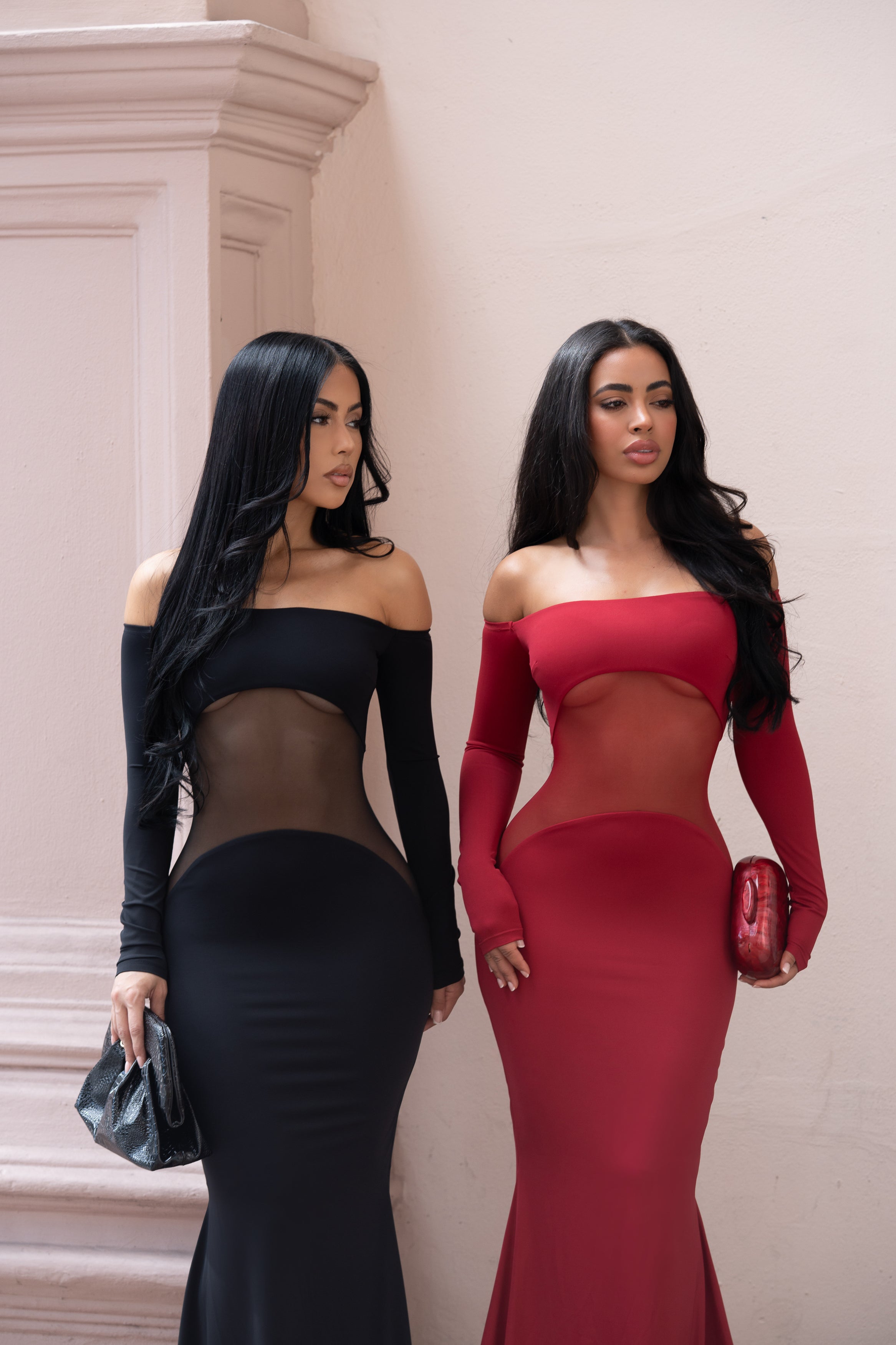 Off Shoulder Long Sleeve Mesh Cutout Mermaid Dress